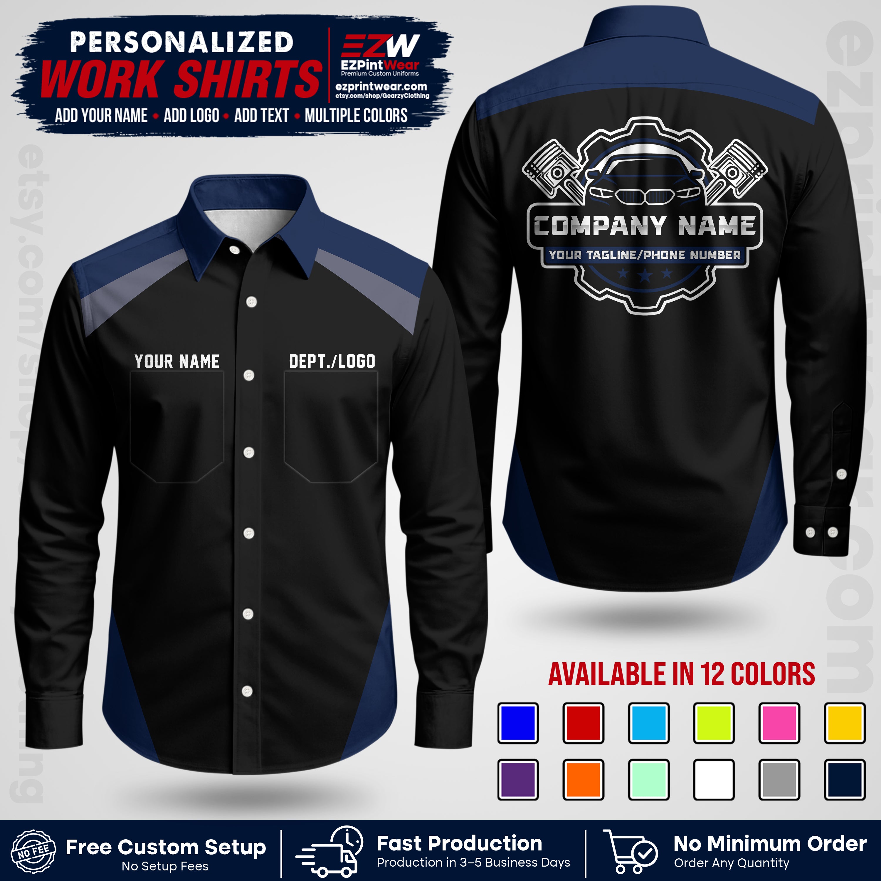 Custom Mechanic Work Shirt with Name, Logo & Text | Auto Shop Uniform | Workwear MCN 03