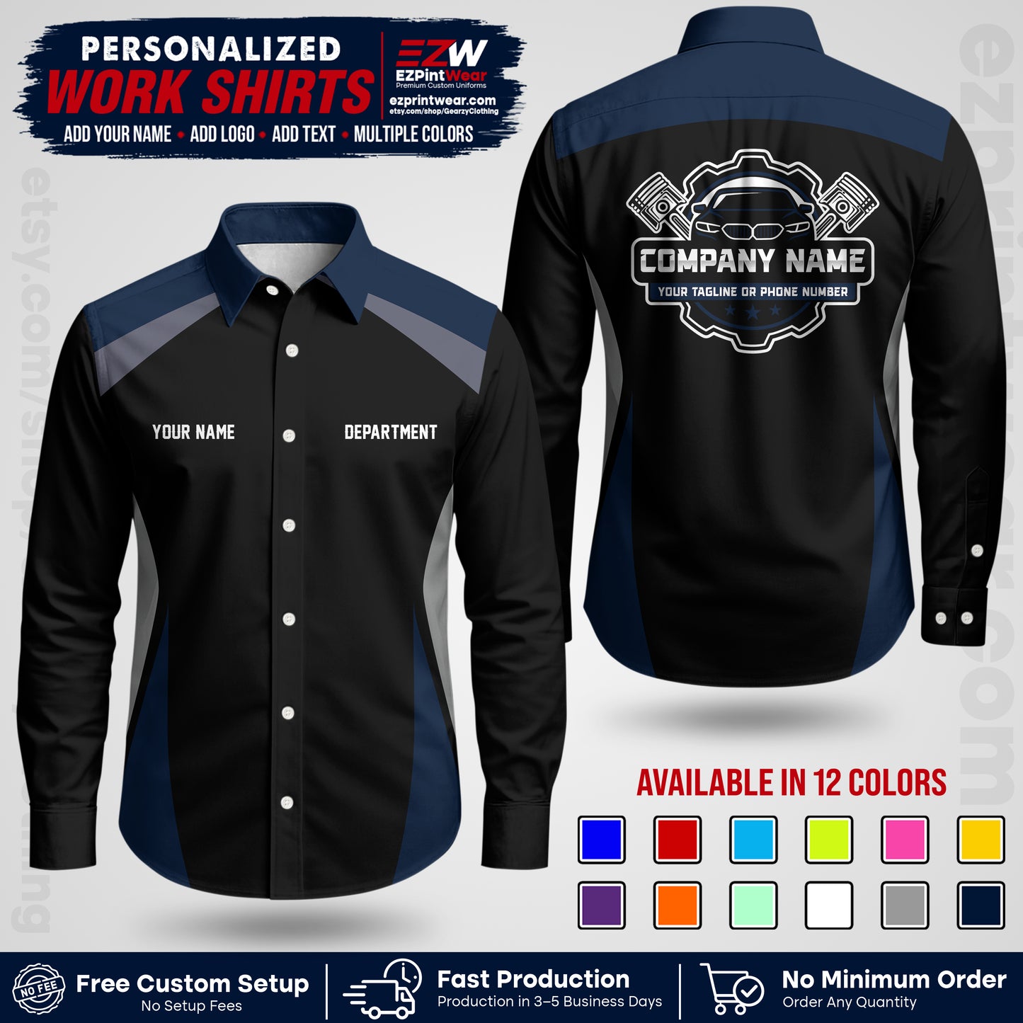 Custom Mechanic Work Shirt with Name, Logo & Text | Auto Shop Uniform | Workwear MCN 08