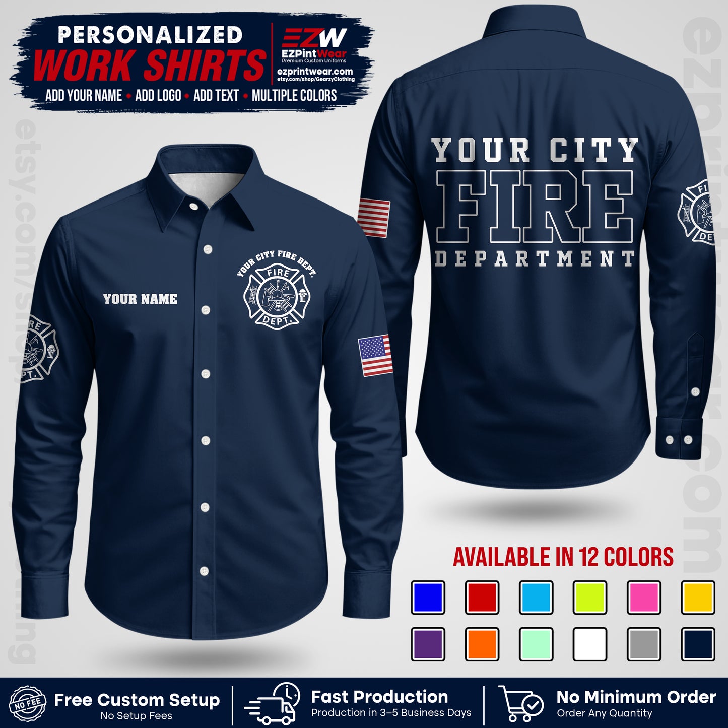 Custom Fire Department Shirt with Name, City Logo & Text | Firefighter Uniform | Button Up Work Shirt FF01