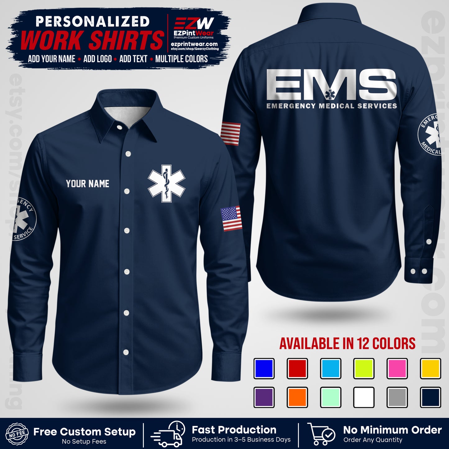 Custom EMS Shirt with Name, Logo & Text | EMS Team Uniform | First Responder Workwear EMSU01
