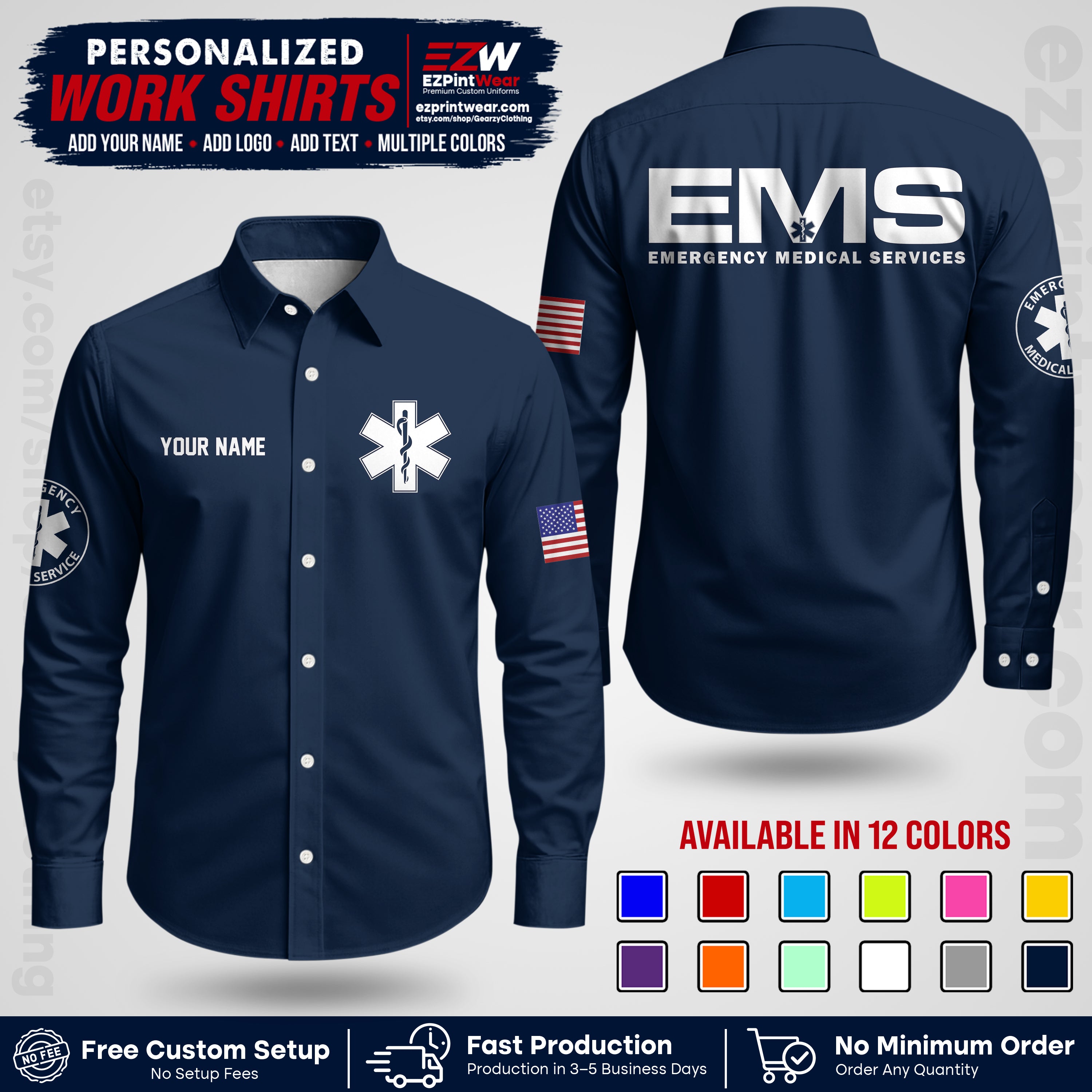 Custom EMS Shirt with Name, Logo & Text | EMS Team Uniform | First Responder Workwear EMSU01