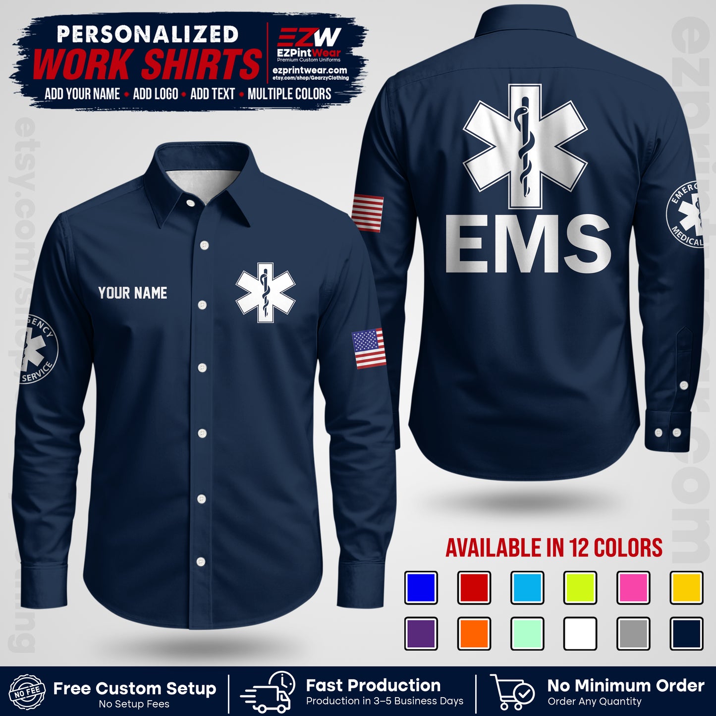 Custom EMS Shirt with Name, Logo & Text | EMS Team Uniform | First Responder Workwear EMSU02