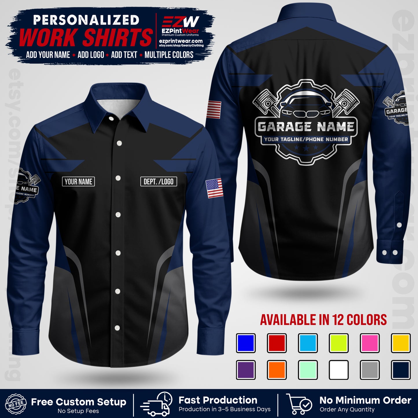 Custom Mechanic Work Shirt with Name, Logo & Text | Auto Shop Uniform | Workwear MCN 04