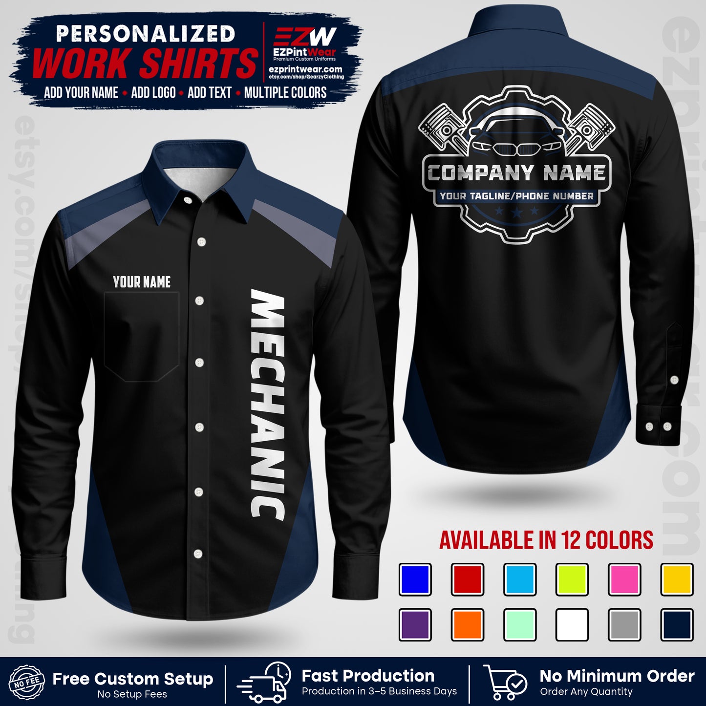 Custom Mechanic Work Shirt with Name, Logo & Text | Auto Shop Uniform | Workwear MCN 02
