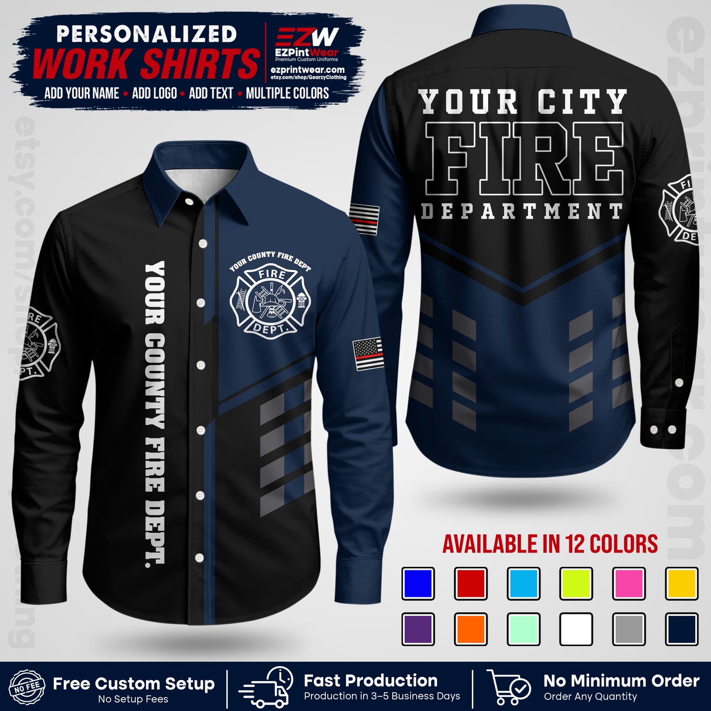 Custom Fire Department Shirt with Name, City Logo & Text | Firefighter Uniform | Button Up Work Shirt FF03
