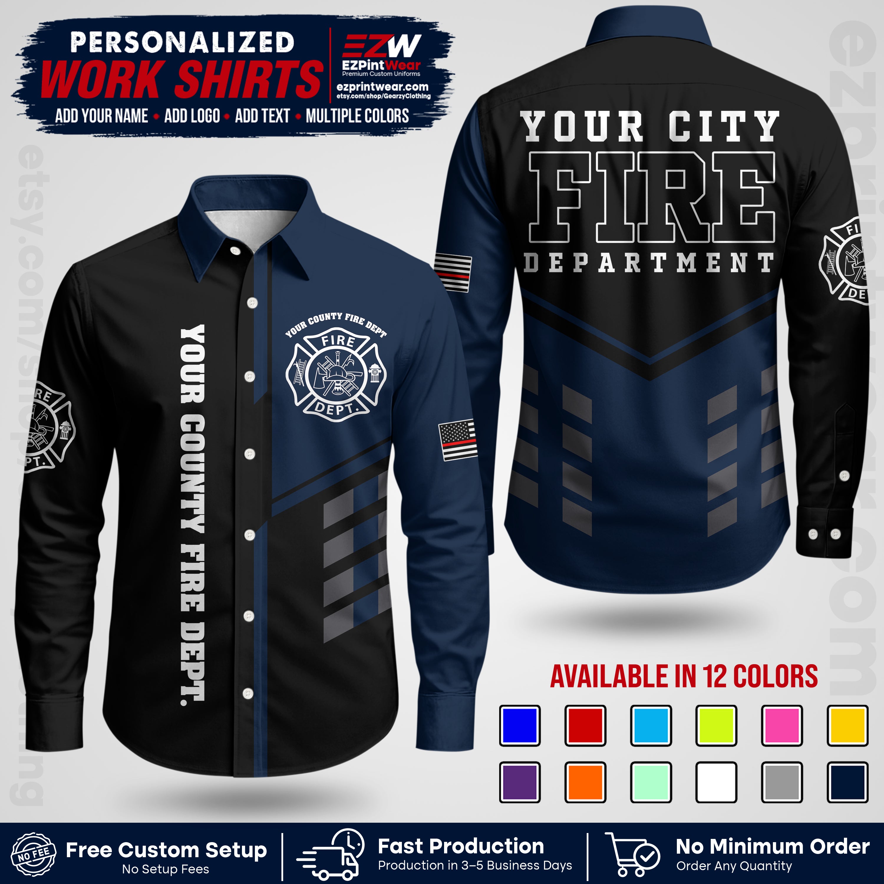Custom Fire Department Shirt with Name, City Logo & Text | Firefighter Uniform | Button Up Work Shirt FF03