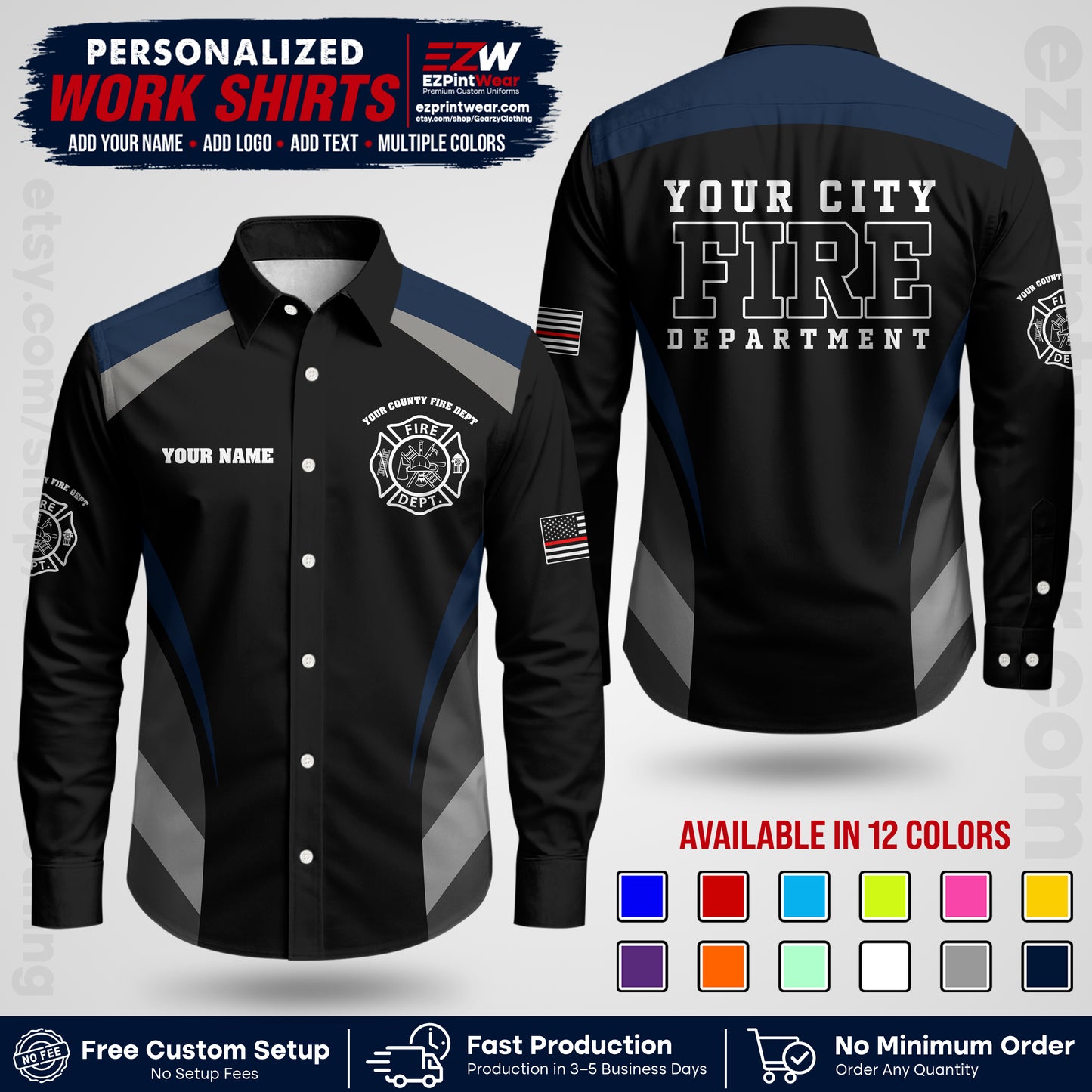 Custom Fire Department Shirt with Name, City Logo & Text | Firefighter Uniform | Button Up Work Shirt FF02
