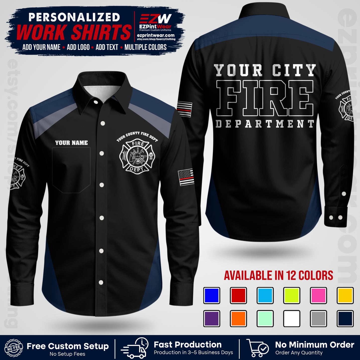 Custom Fire Department Shirt with Name, City Logo & Text | Firefighter Uniform | Button Up Work Shirt FF04