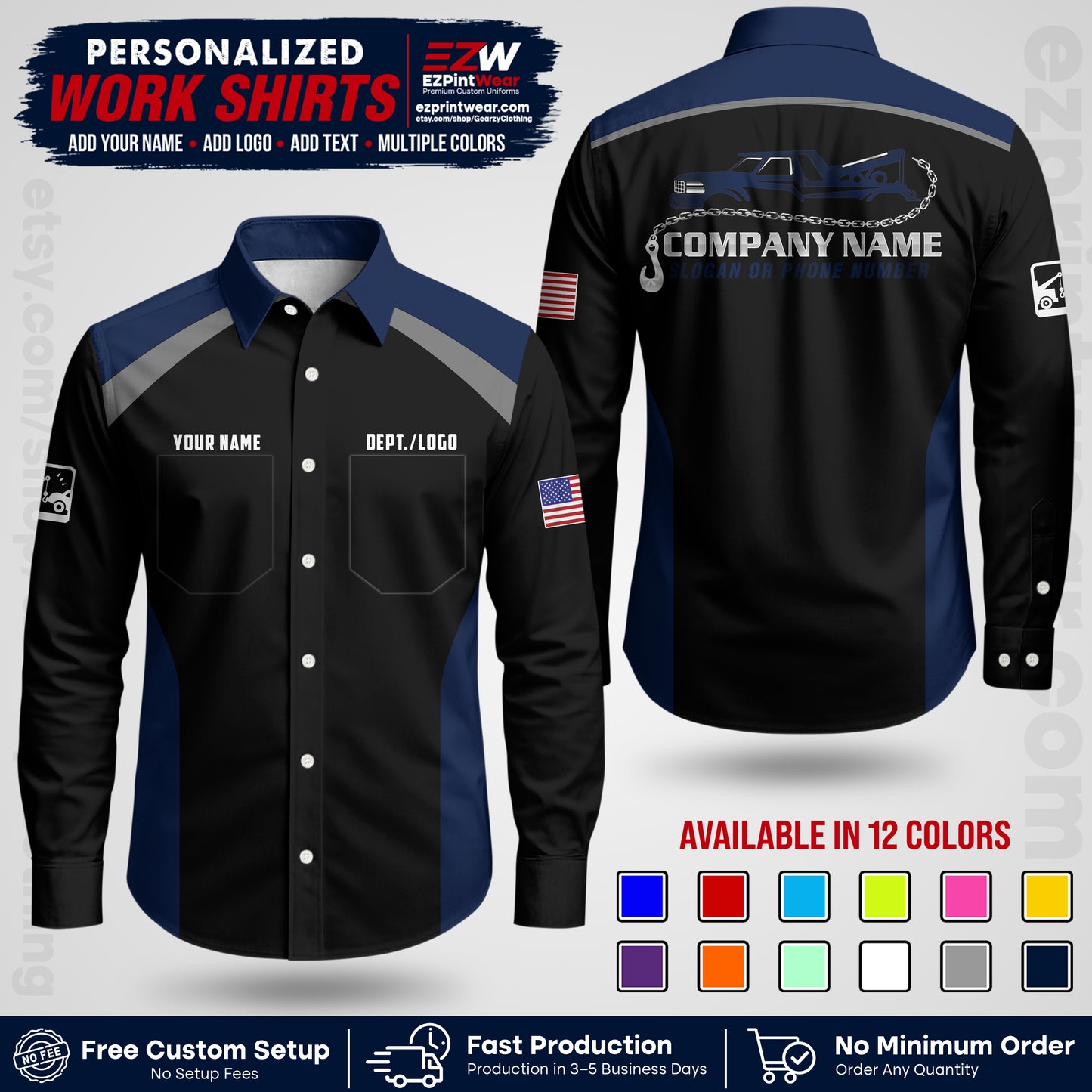 Custom Towing Shirt with Name, Logo & Text | Towing Company Uniform | Workwear TW01