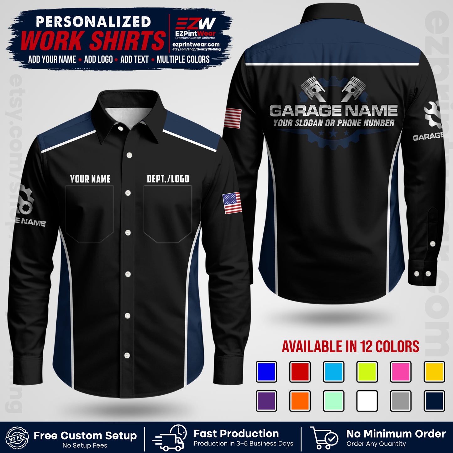 Custom Mechanic Work Shirt with Name, Logo & Text | Auto Shop Uniform | Workwear MCN 07