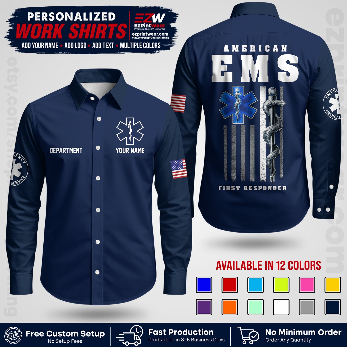 Custom EMS Shirt with Name, Logo & Text | EMS Team Uniform | First Responder Workwear EMSU03