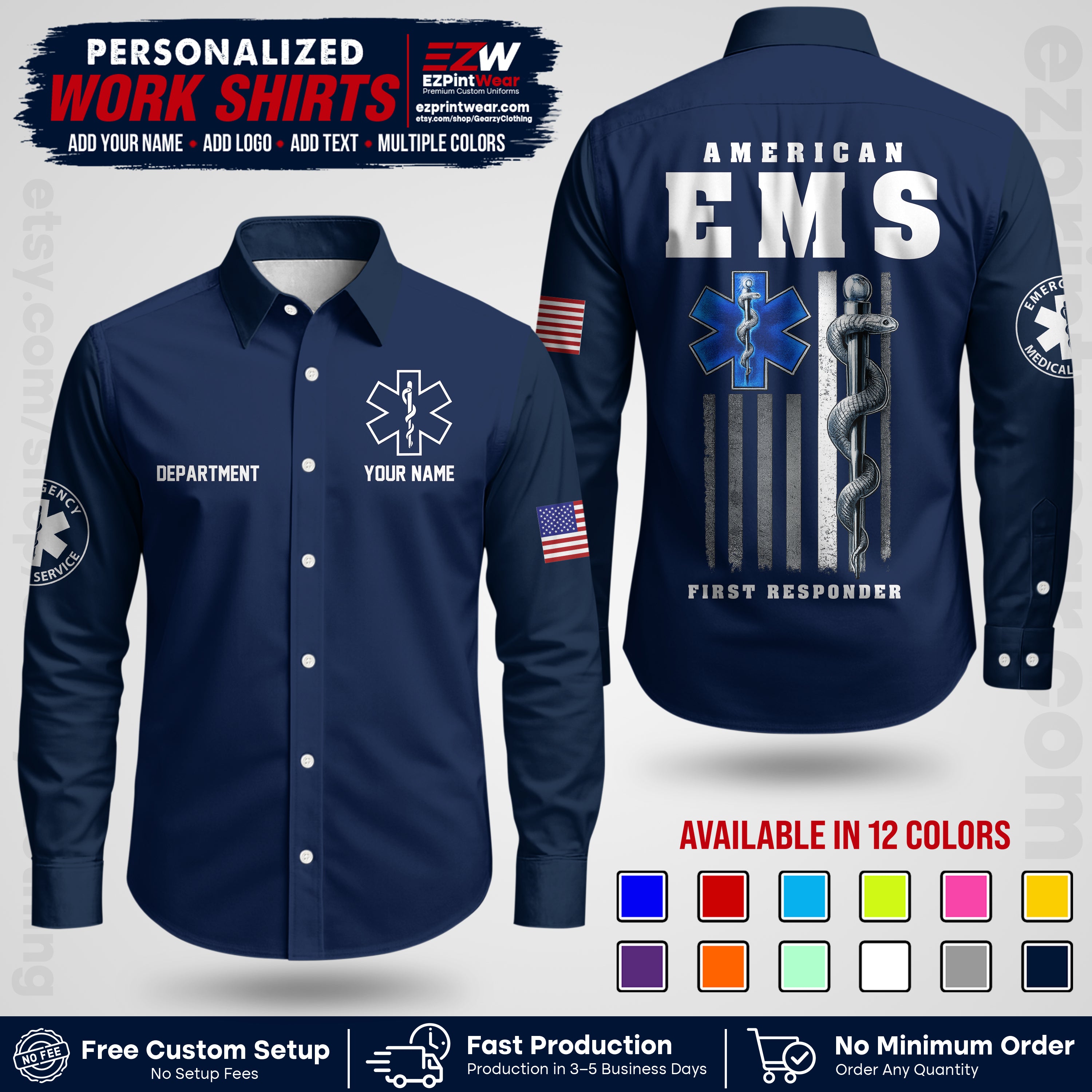 Custom EMS Shirt with Name, Logo & Text | EMS Team Uniform | First Responder Workwear EMSU03