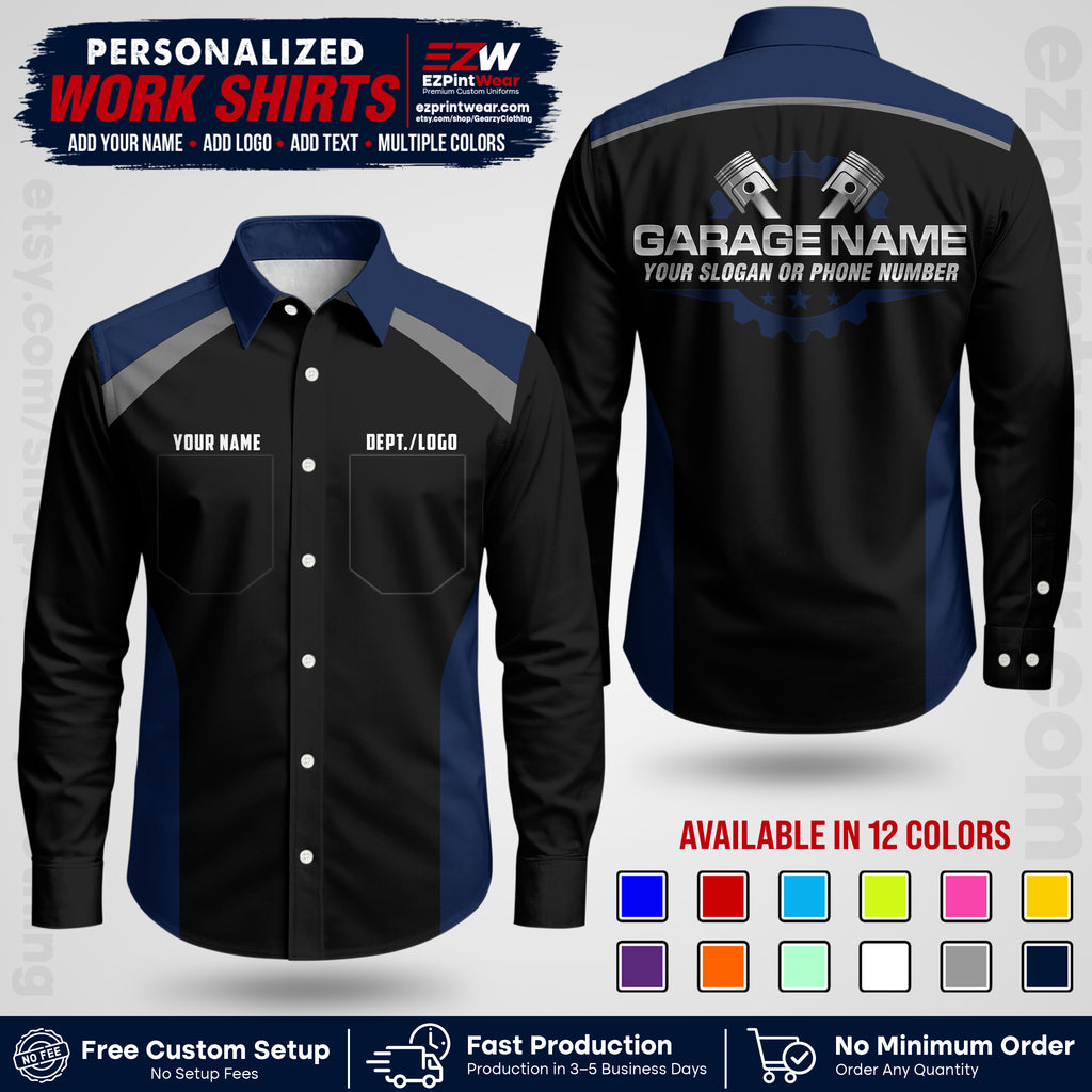 Custom Mechanic Work Shirt with Name, Logo & Text | Auto Shop Uniform | Workwear MCN 06