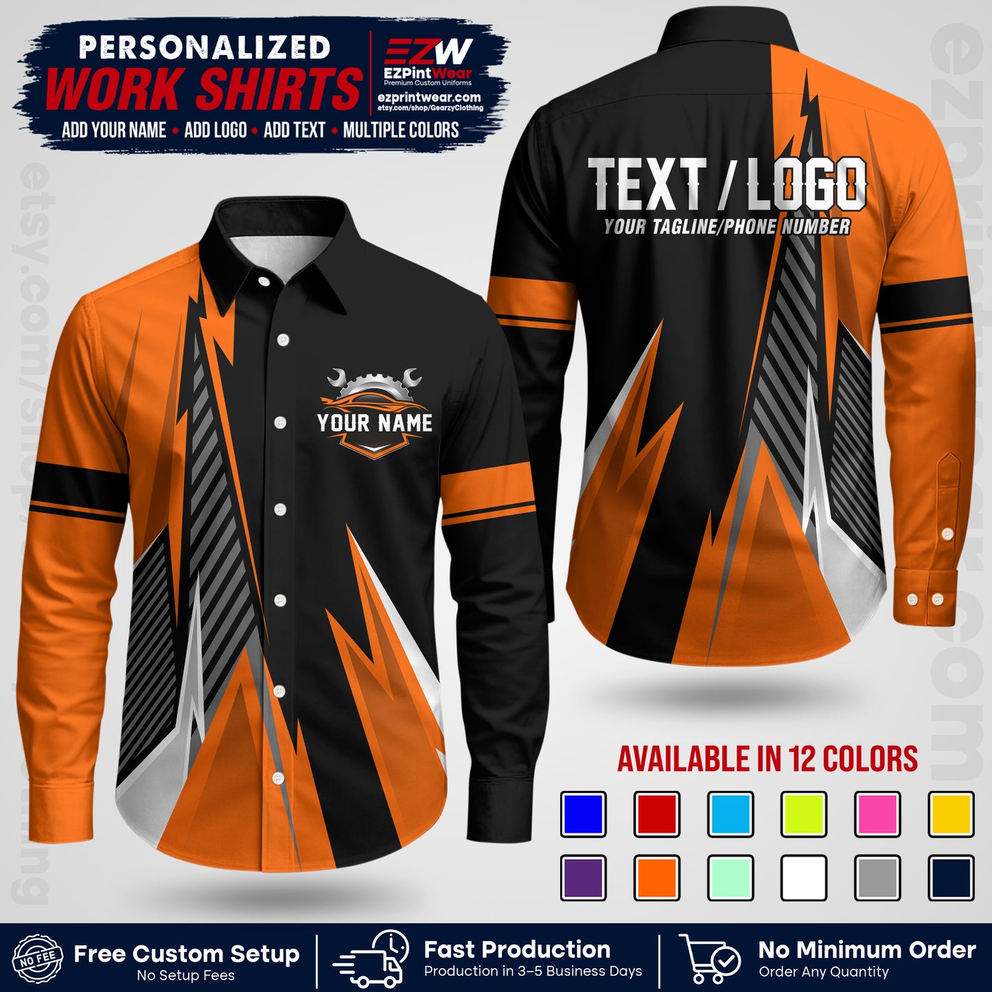Custom Mechanic Work Shirt with Name, Logo & Text | Auto Shop Uniform | Workwear MCN 01
