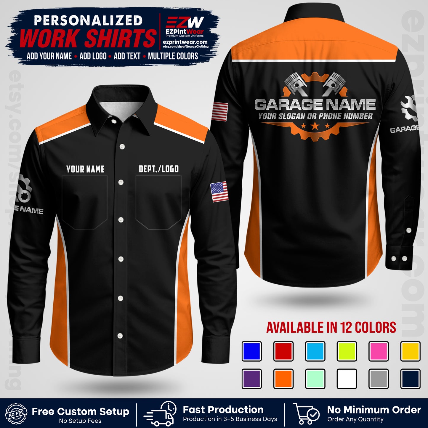 Custom Mechanic Work Shirt with Name, Logo & Text | Auto Shop Uniform | Workwear MCN 07