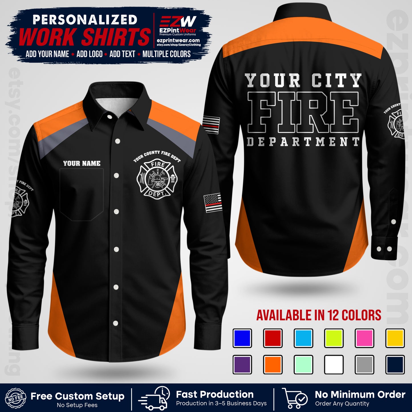 Custom Fire Department Shirt with Name, City Logo & Text | Firefighter Uniform | Button Up Work Shirt FF04