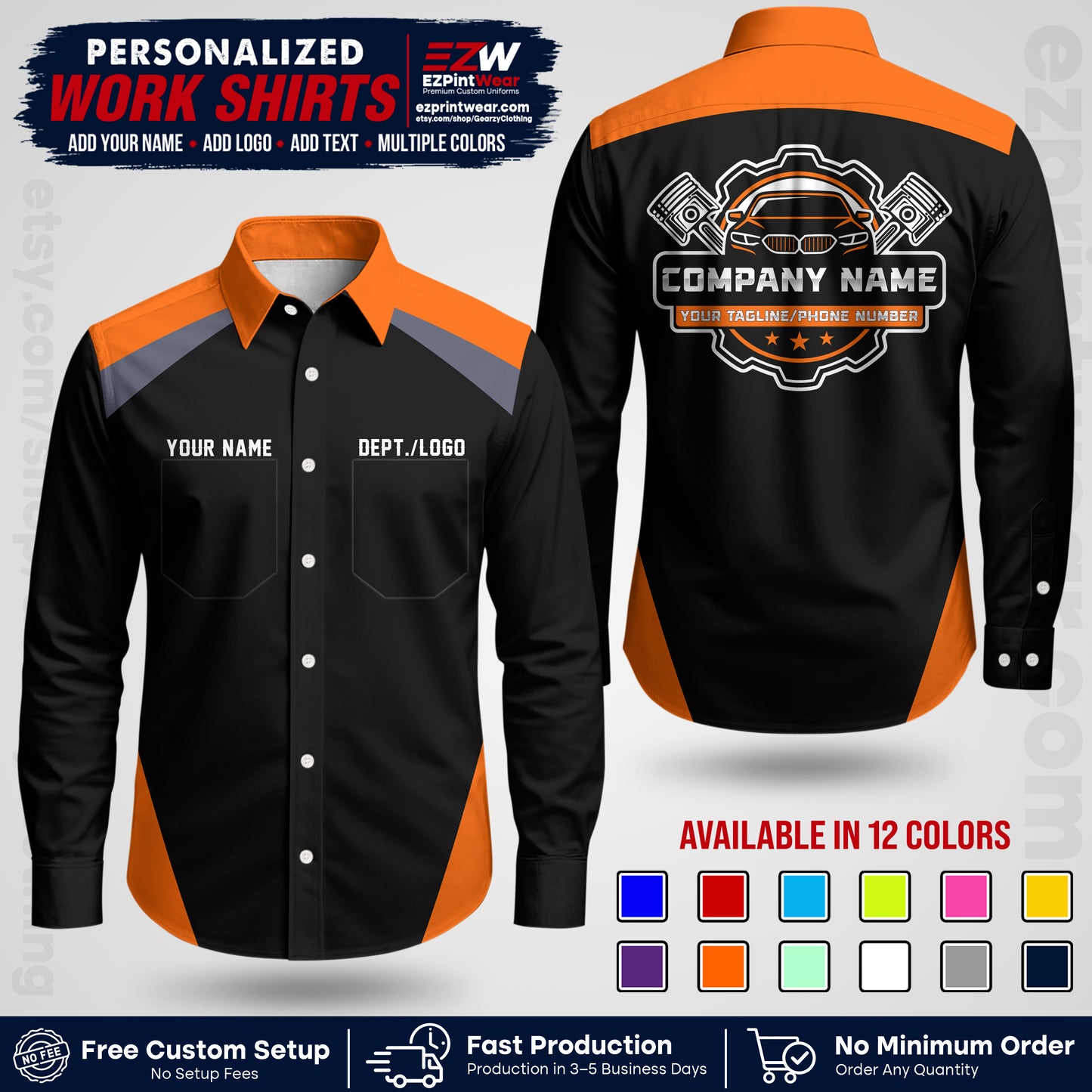Custom Mechanic Work Shirt with Name, Logo & Text | Auto Shop Uniform | Workwear MCN 03