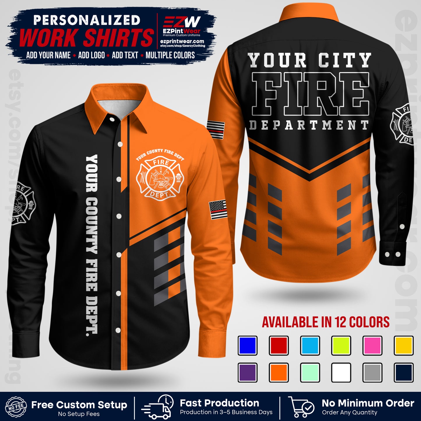 Custom Fire Department Shirt with Name, City Logo & Text | Firefighter Uniform | Button Up Work Shirt FF03