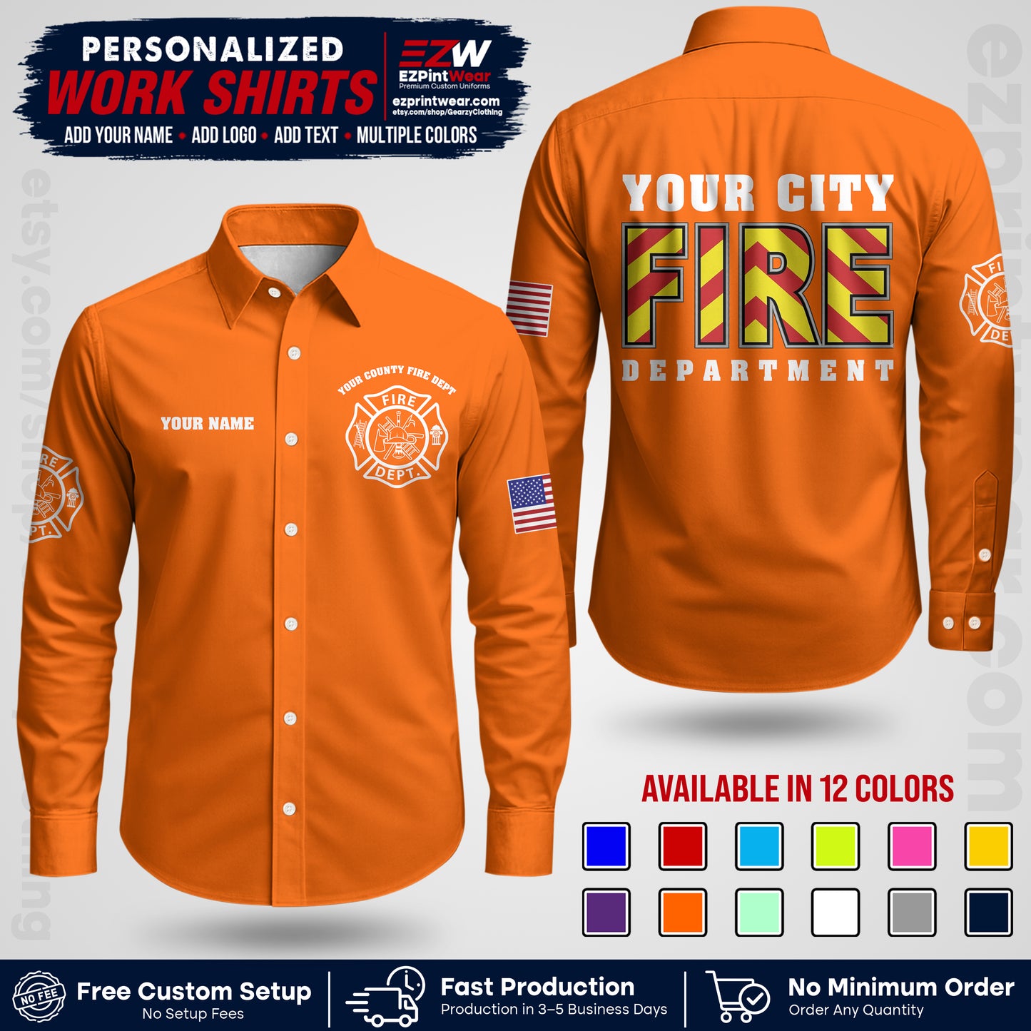 Custom Fire Department Shirt with Name, City Logo & Text | Firefighter Uniform | Button Up Work Shirt FF05