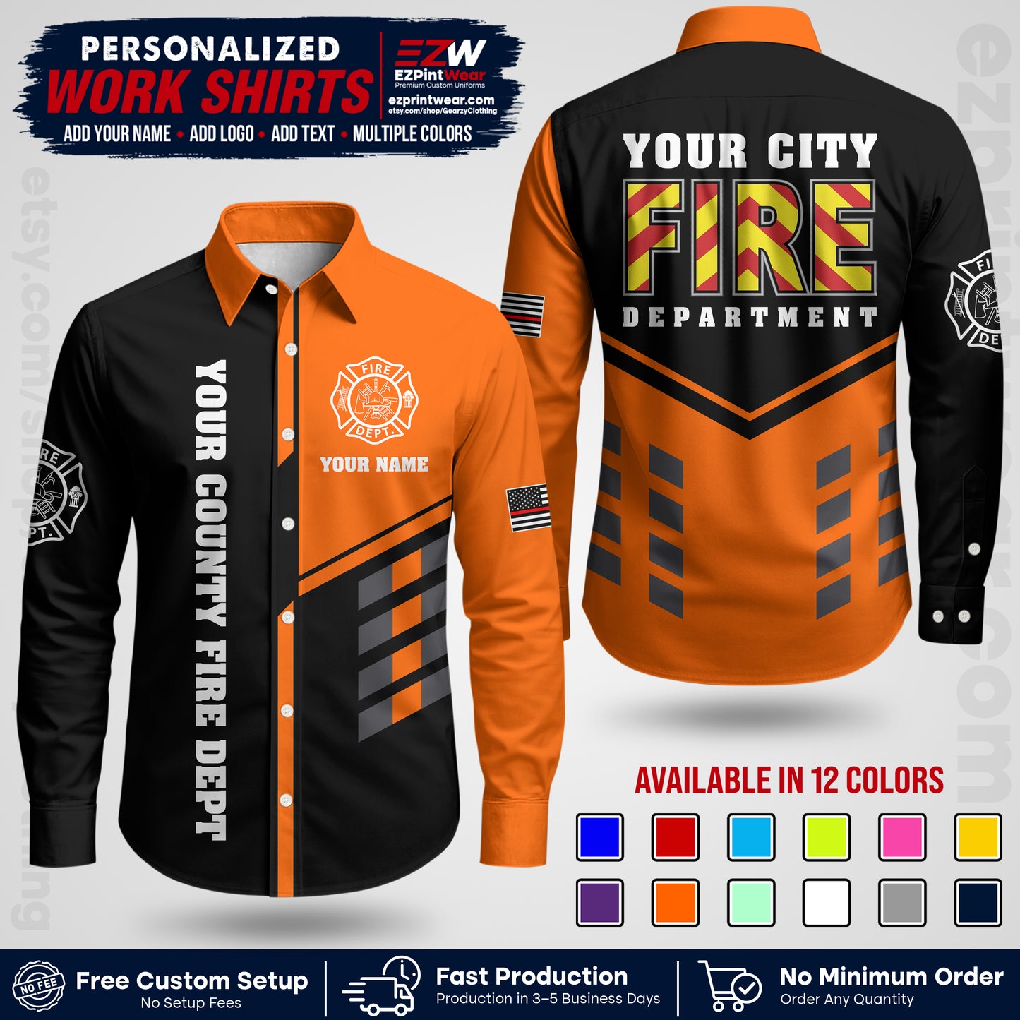 Custom Fire Department Shirt with Name, City Logo & Text | Firefighter Uniform | Button Up Work Shirt FF06