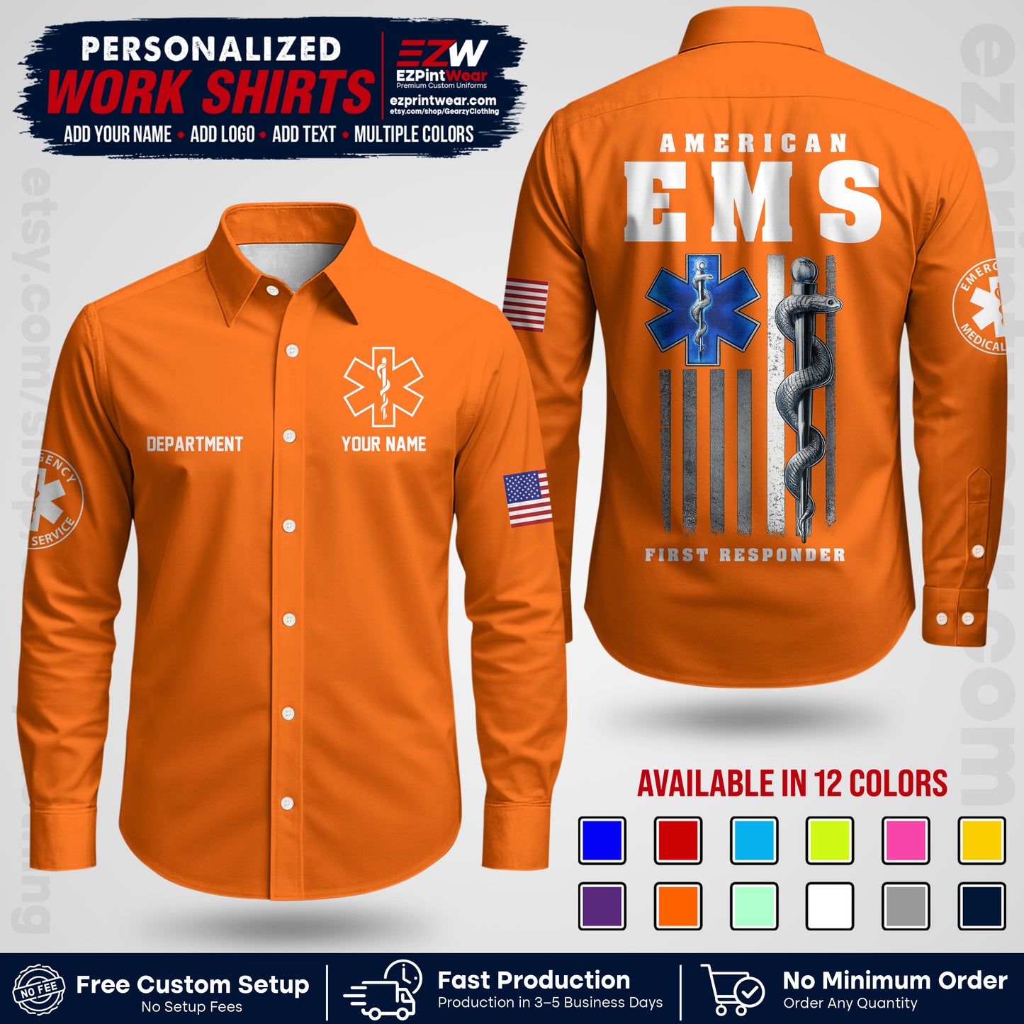 Custom EMS Shirt with Name, Logo & Text | EMS Team Uniform | First Responder Workwear EMSU03