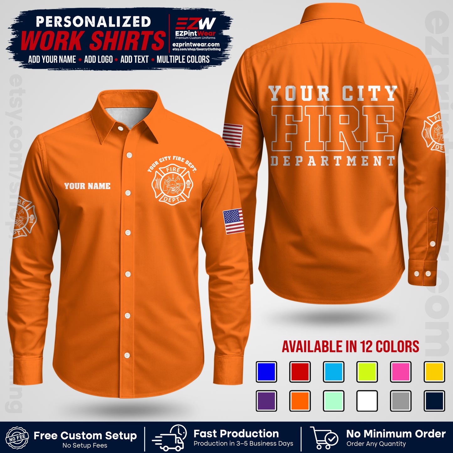 Custom Fire Department Shirt with Name, City Logo & Text | Firefighter Uniform | Button Up Work Shirt FF01