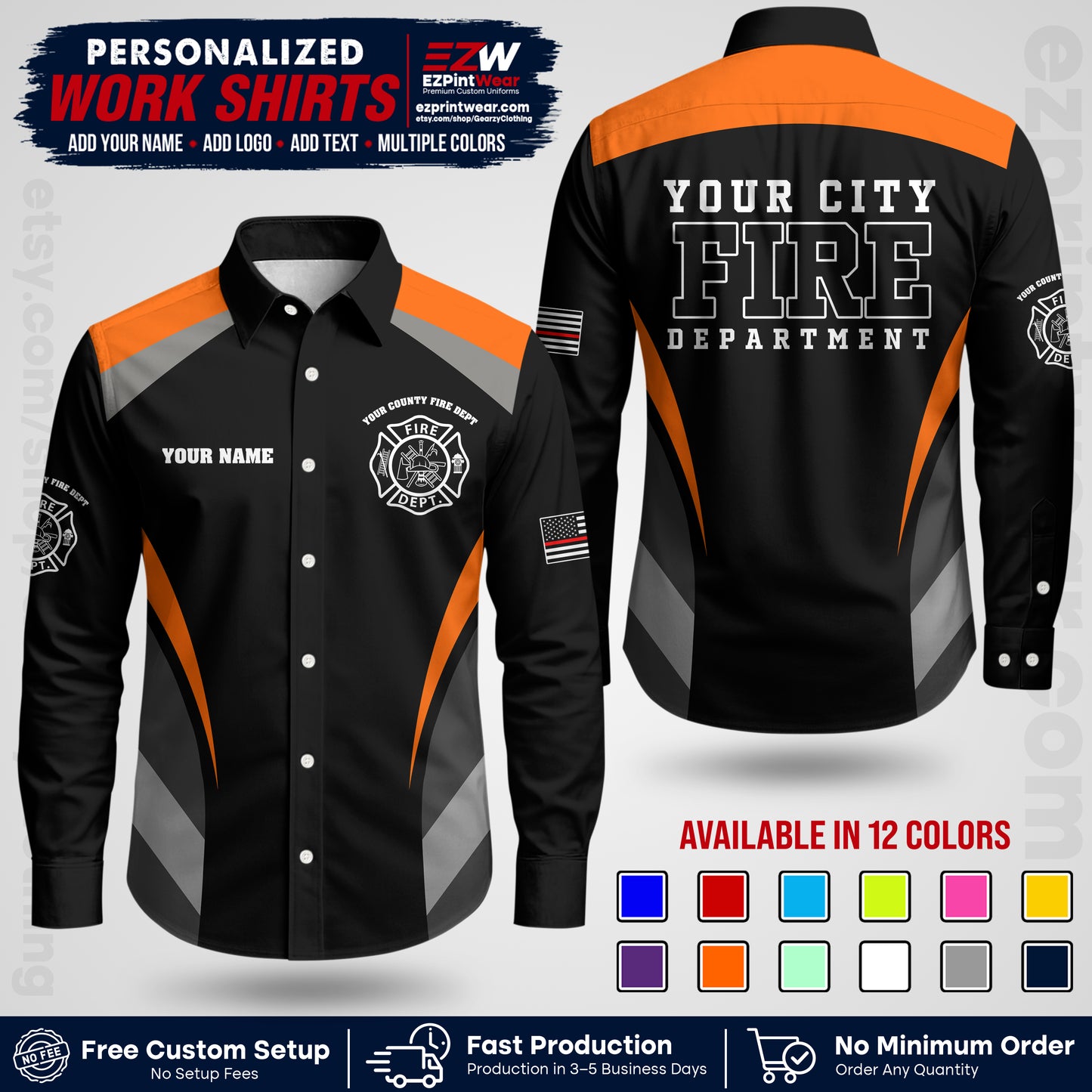 Custom Fire Department Shirt with Name, City Logo & Text | Firefighter Uniform | Button Up Work Shirt FF02