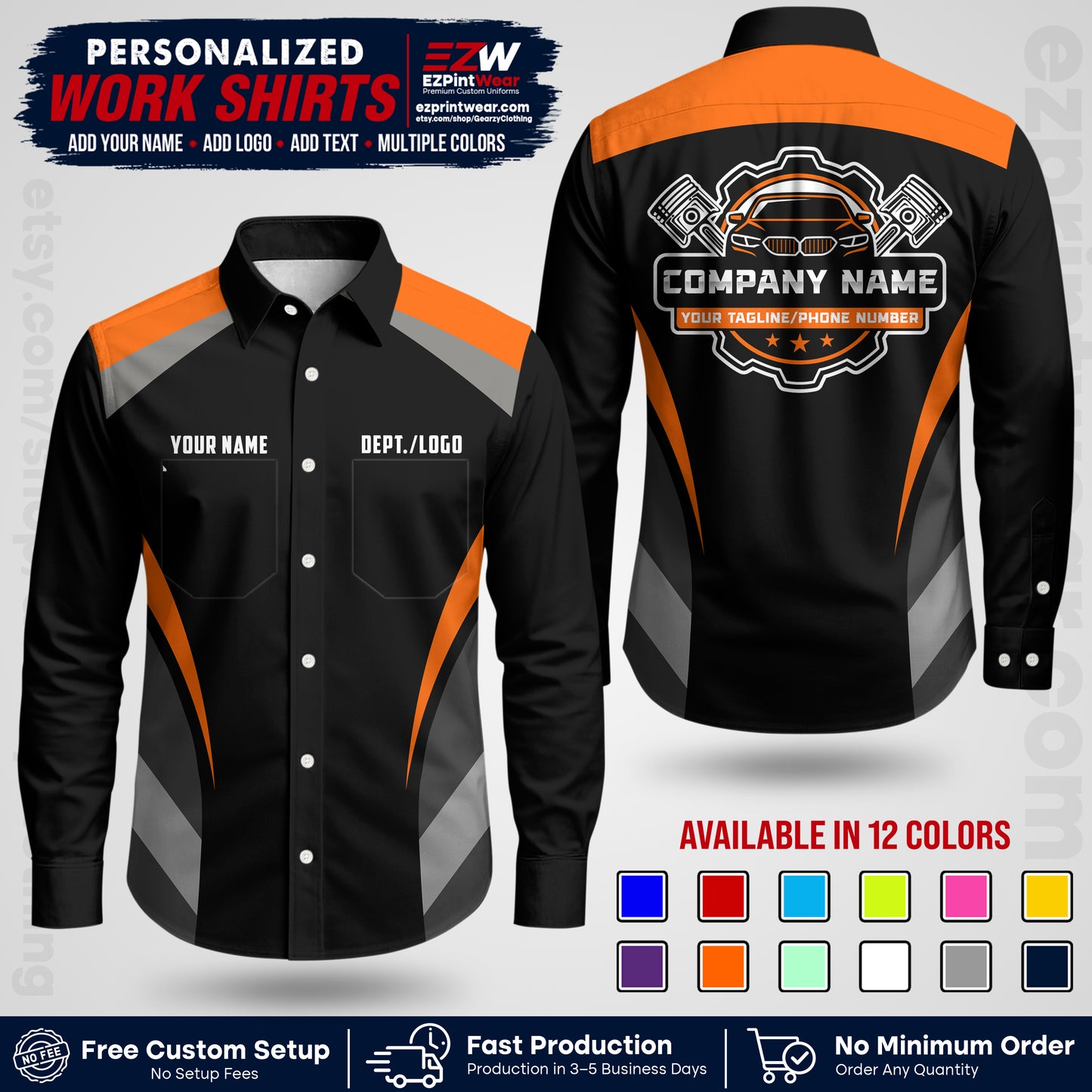 Custom Mechanic Work Shirt with Name, Logo & Text | Auto Shop Uniform | Workwear MCN 05