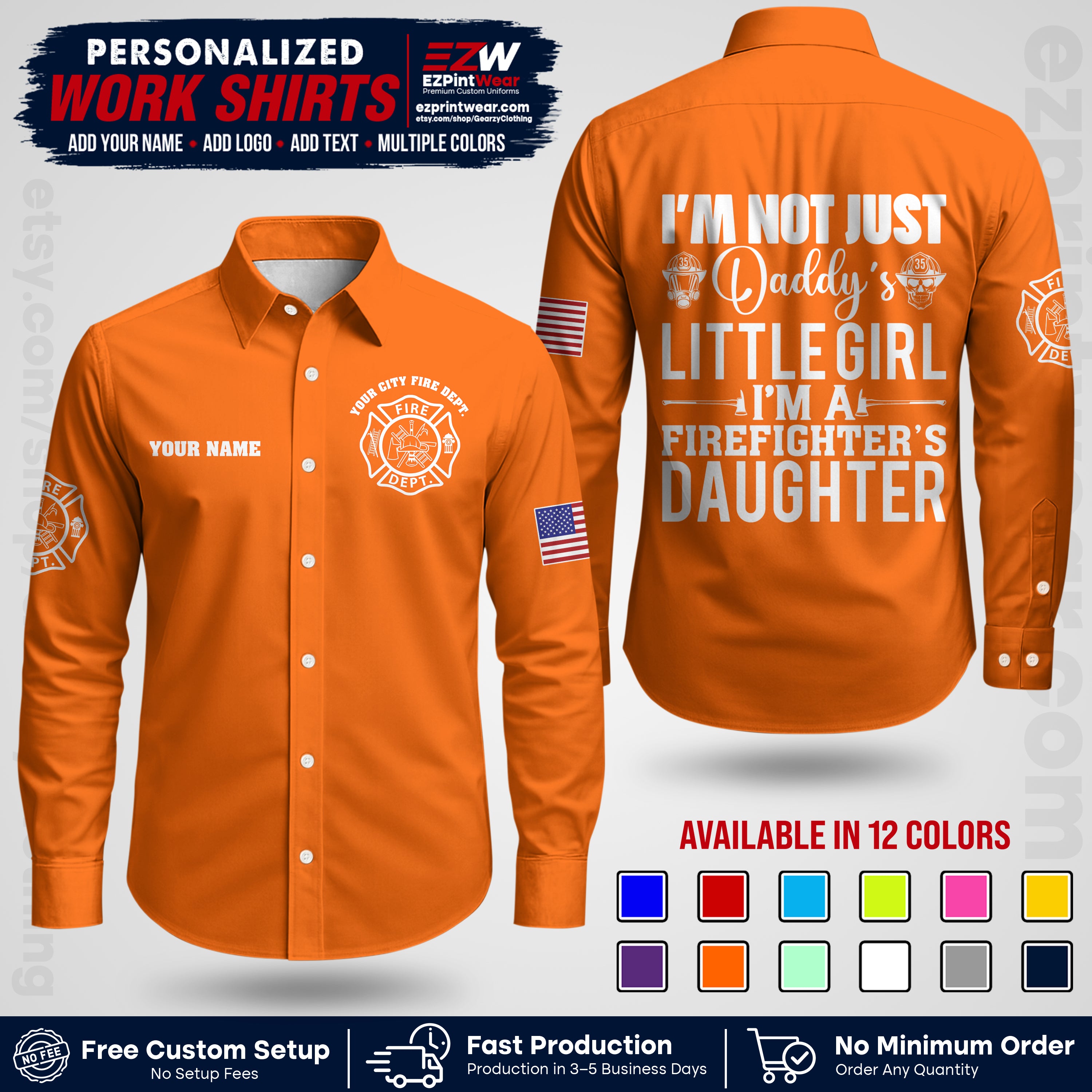 Custom Fire Department Shirt with Name, City Logo & Text | Firefighter Uniform | Button Up Work Shirt FF08