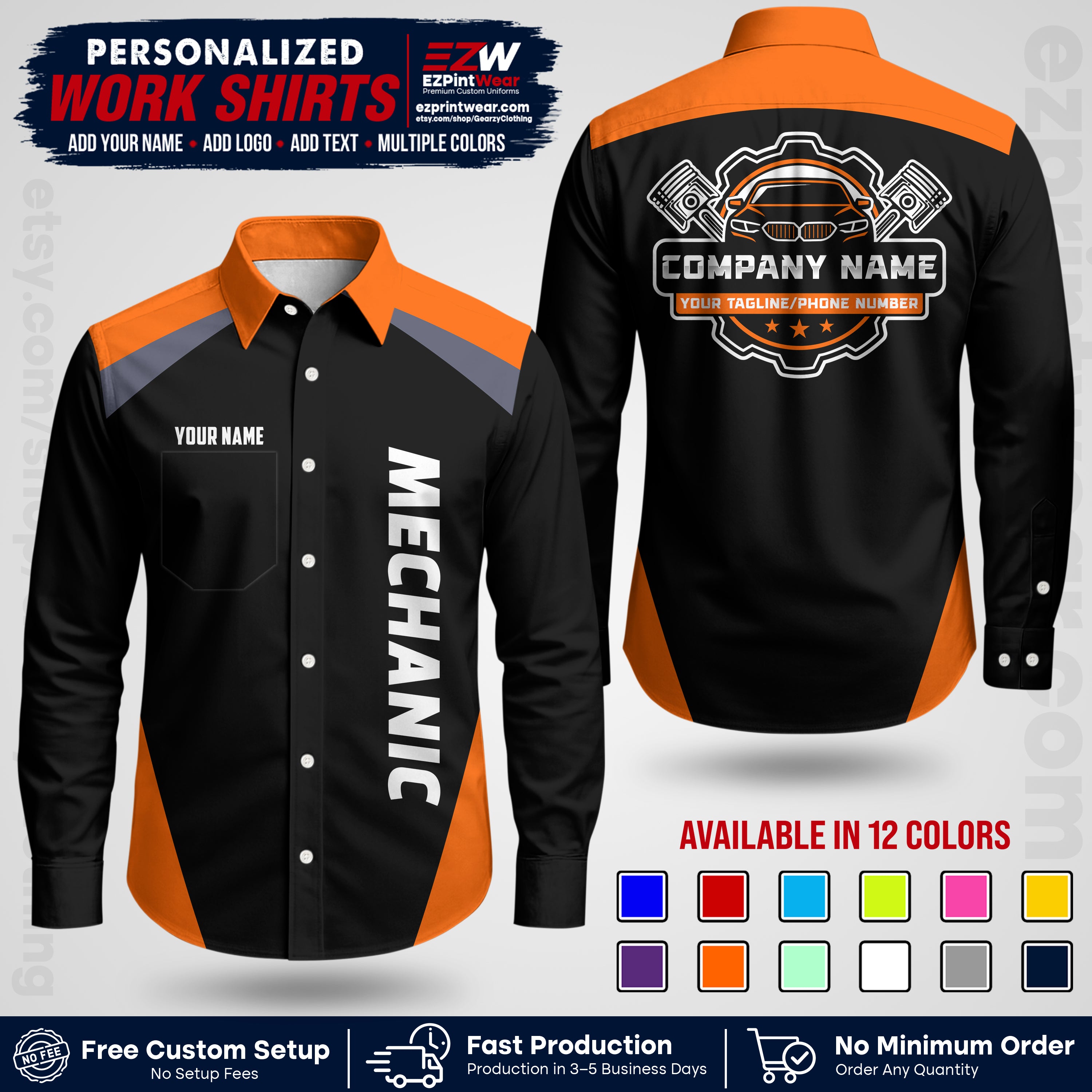 Custom Mechanic Work Shirt with Name, Logo & Text | Auto Shop Uniform | Workwear MCN 02