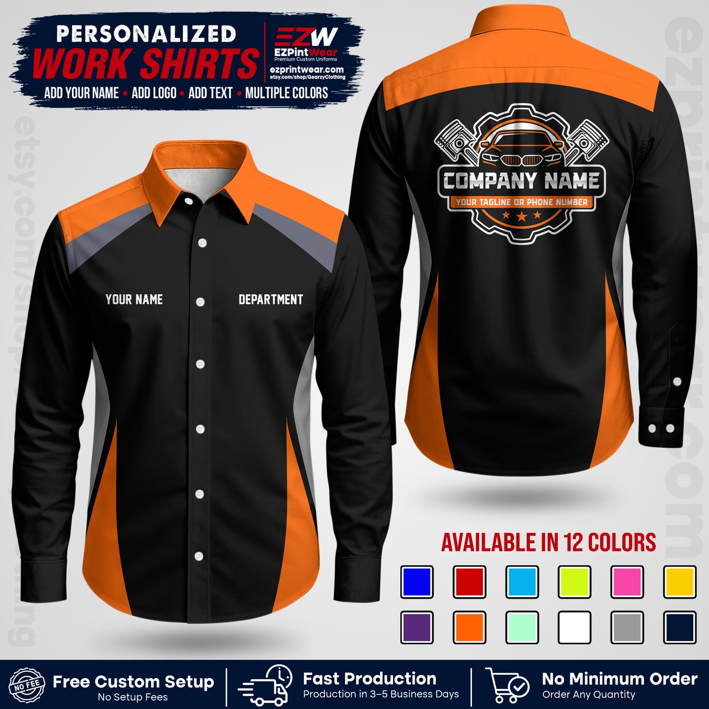 Custom Mechanic Work Shirt with Name, Logo & Text | Auto Shop Uniform | Workwear MCN 08