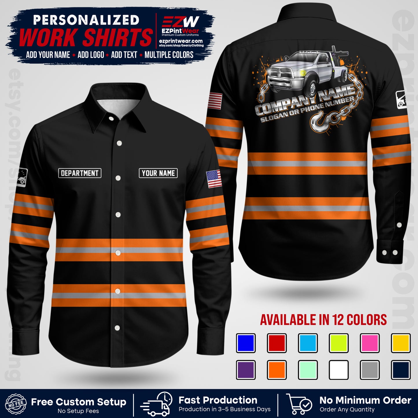 Custom Towing Workwear Uniform | Personalized Tow Truck Shirt | Non-Reflective Safety Stripe Apparel | Custom Towing Shirt | Tow Truck Apparel TW05