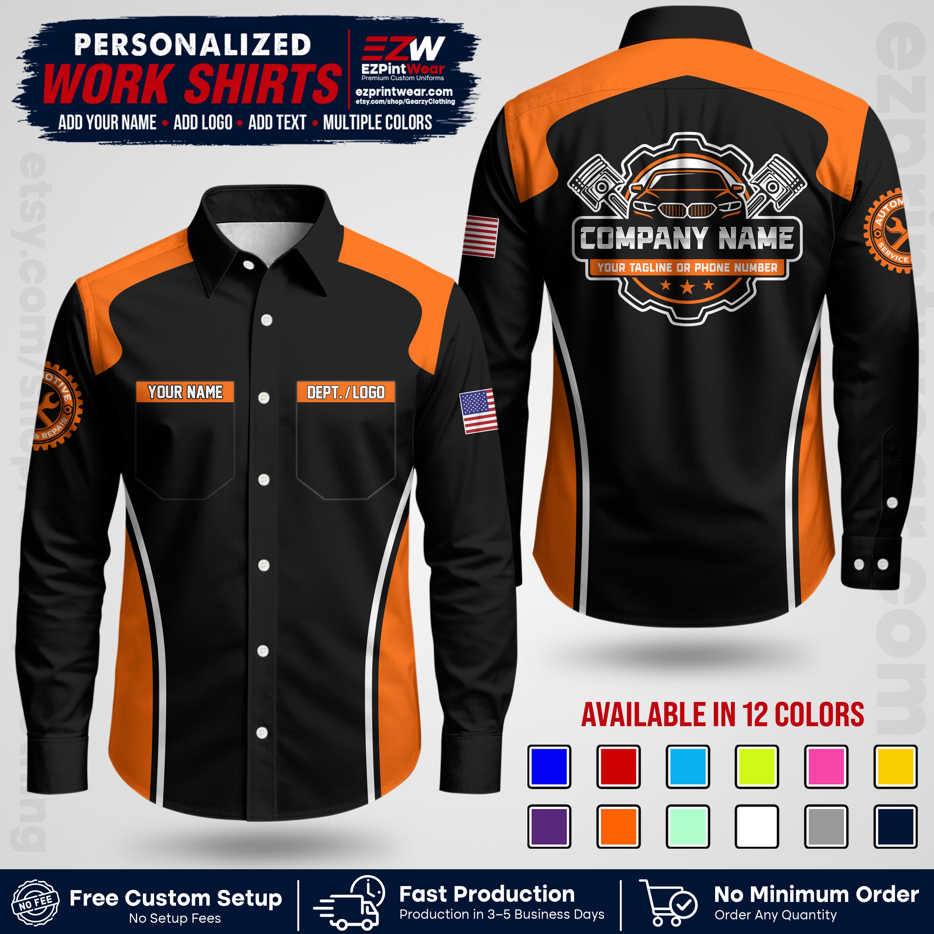 Custom Mechanic Work Shirt with Name, Logo & Text | Auto Shop Uniform | Workwear MCN 10