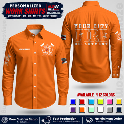 Custom Fire Department Shirt with Name, City Logo & Text | Firefighter Uniform | Button Up Work Shirt FF07