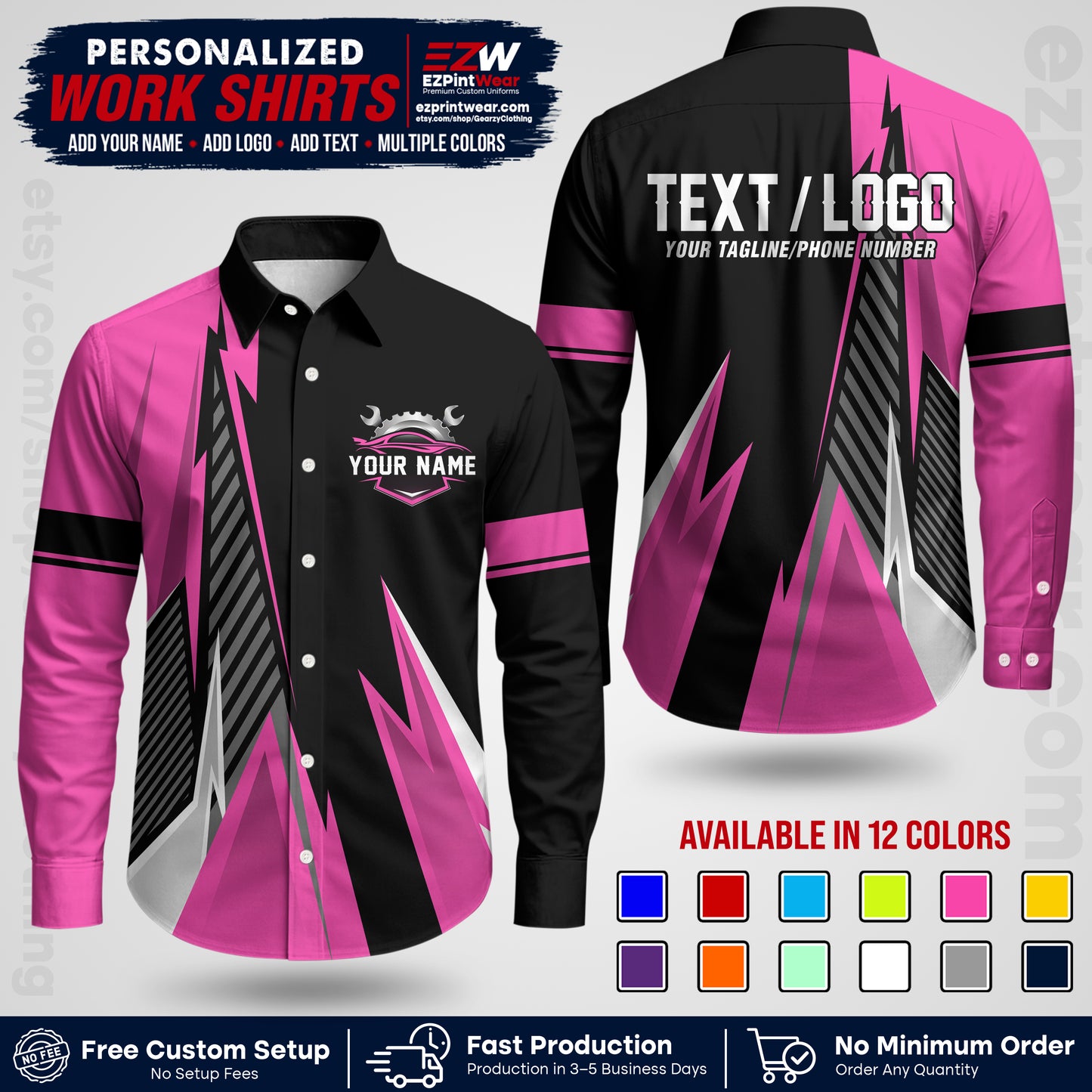 Custom Mechanic Work Shirt with Name, Logo & Text | Auto Shop Uniform | Workwear MCN 01