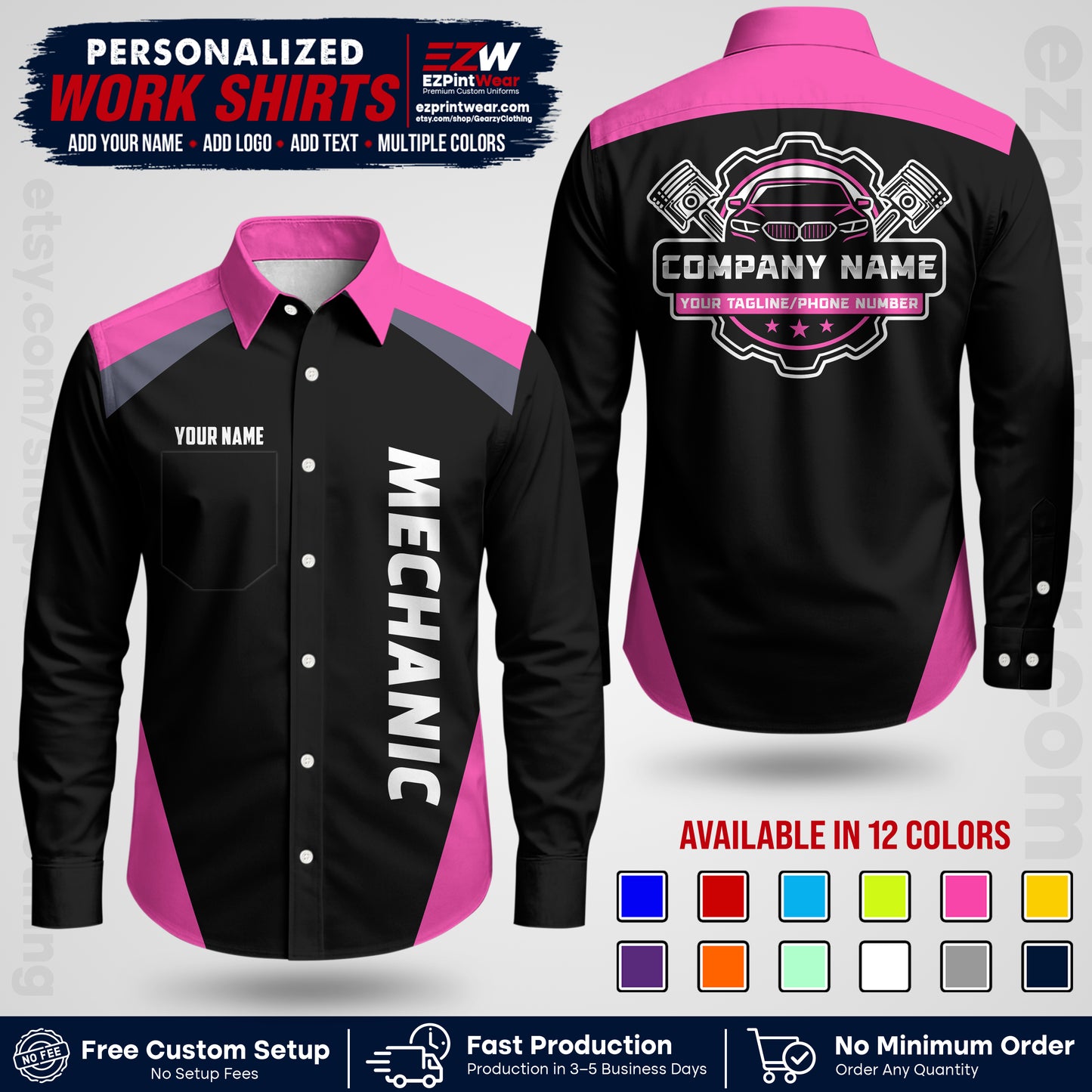 Custom Mechanic Work Shirt with Name, Logo & Text | Auto Shop Uniform | Workwear MCN 02