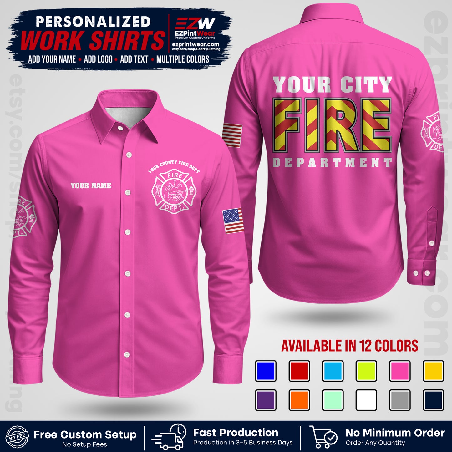 Custom Fire Department Shirt with Name, City Logo & Text | Firefighter Uniform | Button Up Work Shirt FF05
