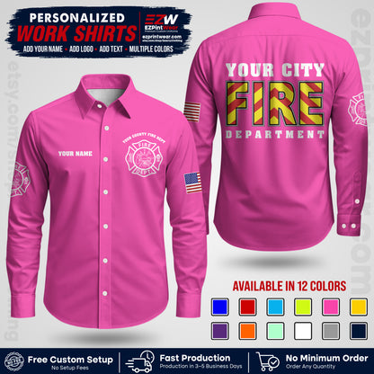 Custom Fire Department Shirt with Name, City Logo & Text | Firefighter Uniform | Button Up Work Shirt FF05