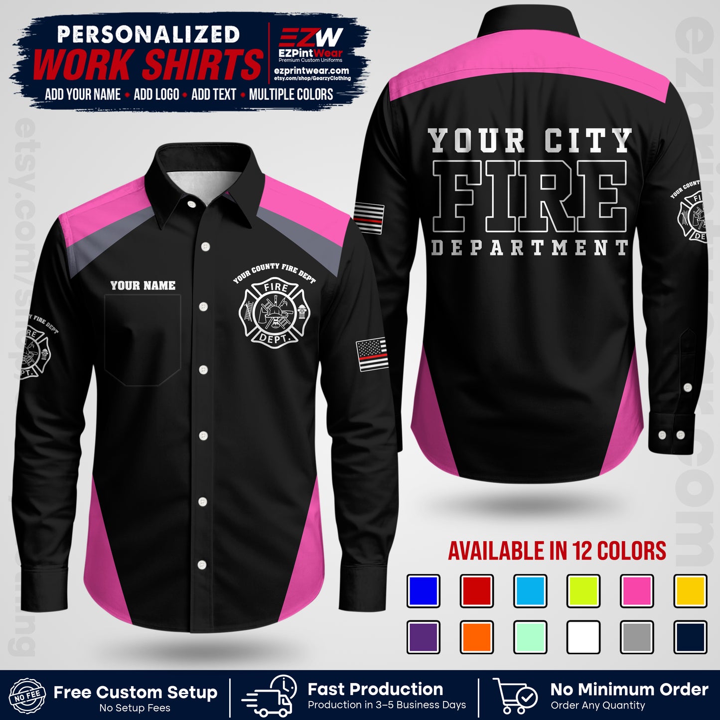 Custom Fire Department Shirt with Name, City Logo & Text | Firefighter Uniform | Button Up Work Shirt FF04