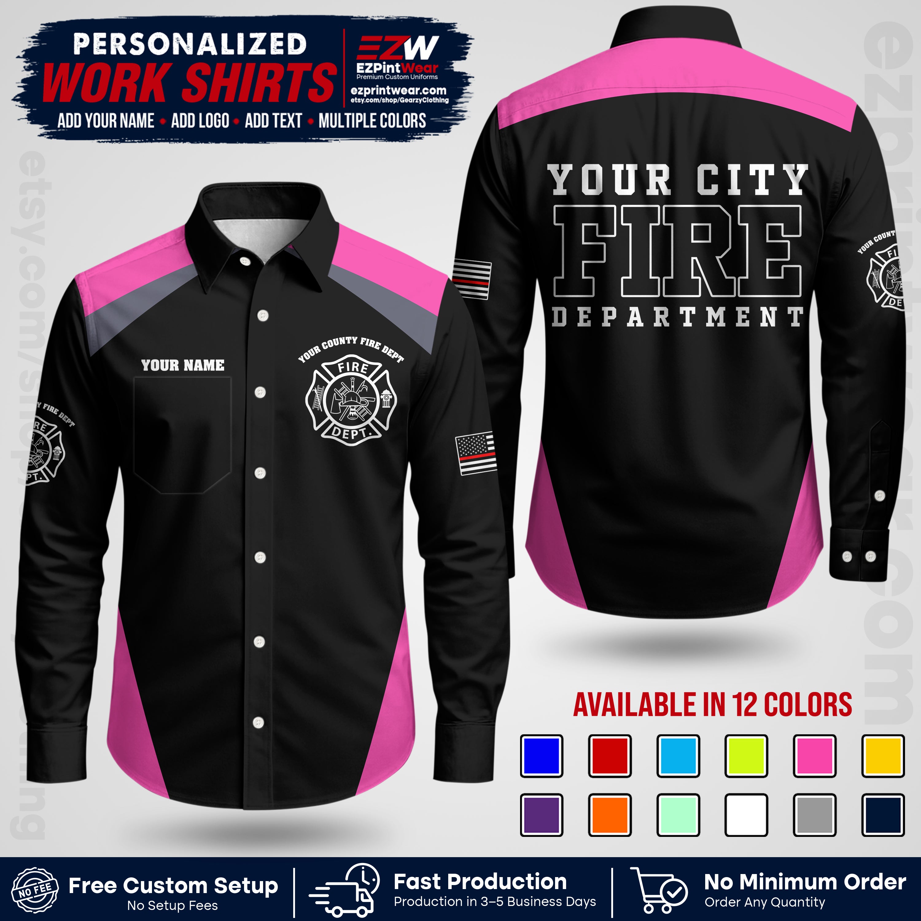 Custom Fire Department Shirt with Name, City Logo & Text | Firefighter Uniform | Button Up Work Shirt FF04