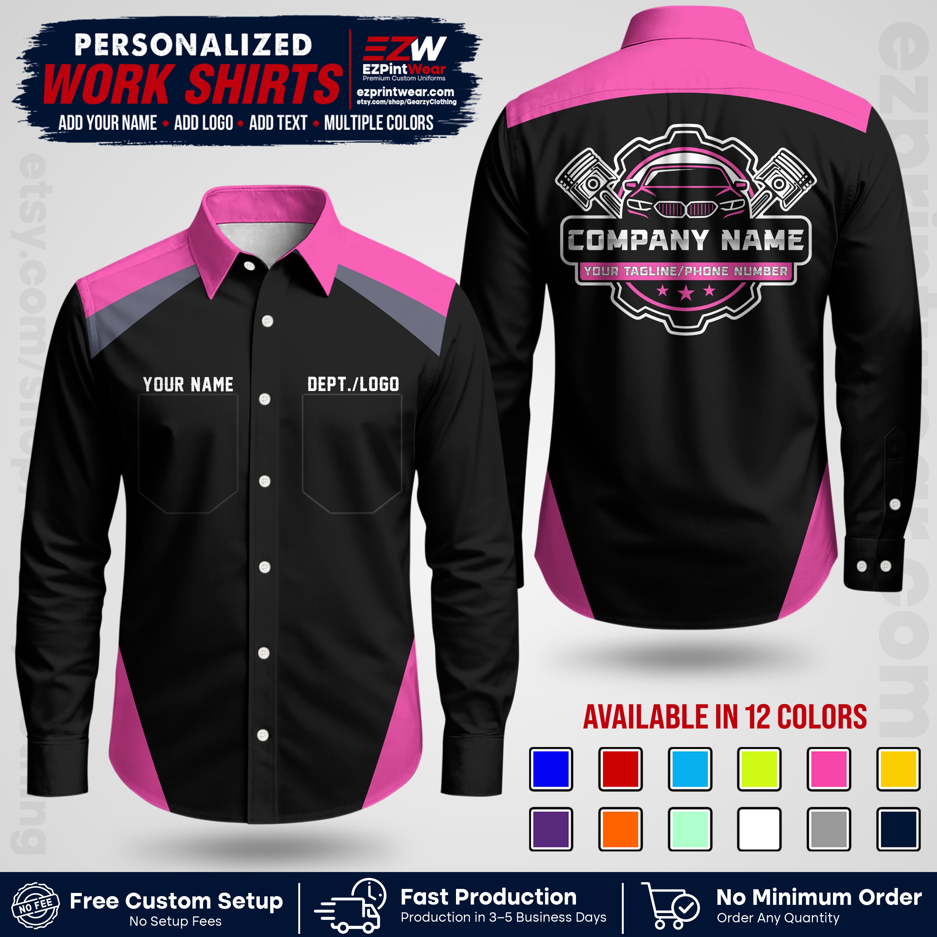 Custom Mechanic Work Shirt with Name, Logo & Text | Auto Shop Uniform | Workwear MCN 03
