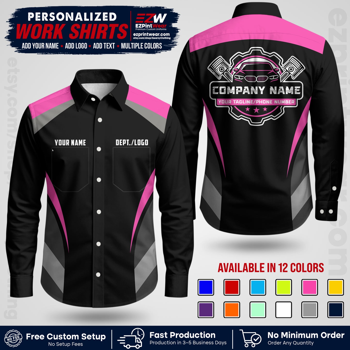 Custom Mechanic Work Shirt with Name, Logo & Text | Auto Shop Uniform | Workwear MCN 05