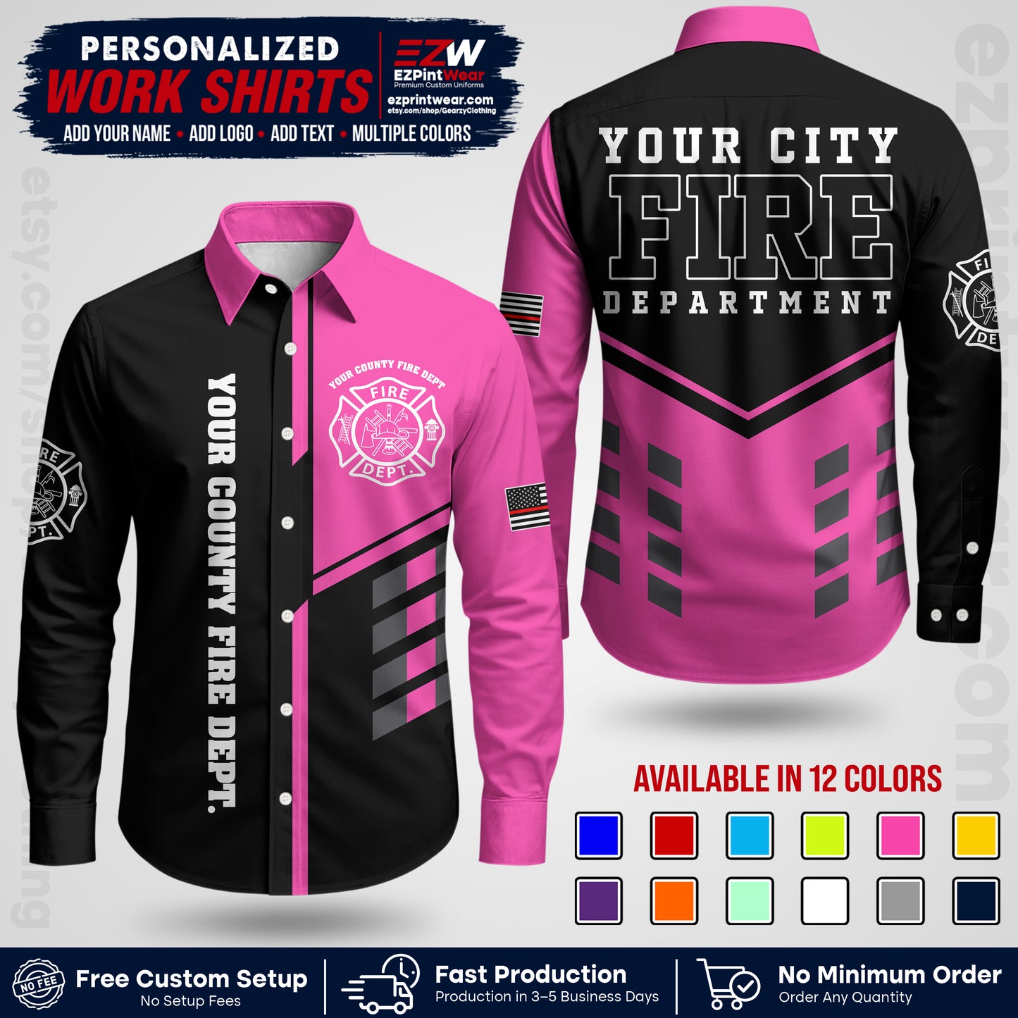 Custom Fire Department Shirt with Name, City Logo & Text | Firefighter Uniform | Button Up Work Shirt FF03