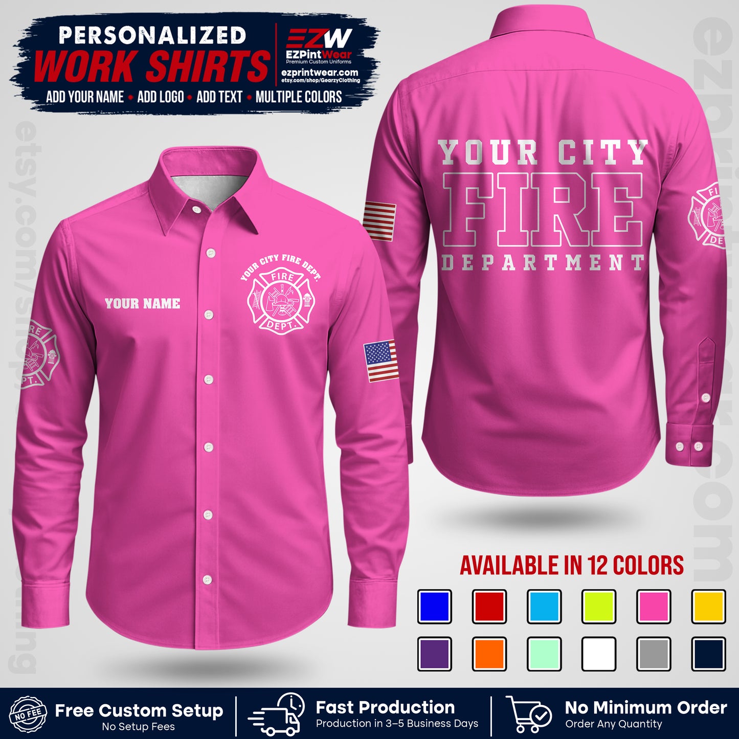 Custom Fire Department Shirt with Name, City Logo & Text | Firefighter Uniform | Button Up Work Shirt FF01