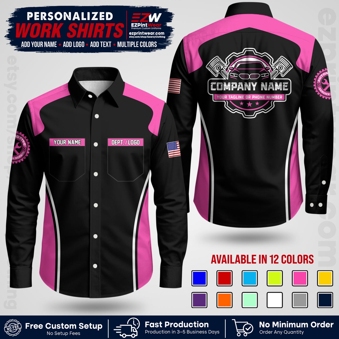 Custom Mechanic Work Shirt with Name, Logo & Text | Auto Shop Uniform | Workwear MCN 10