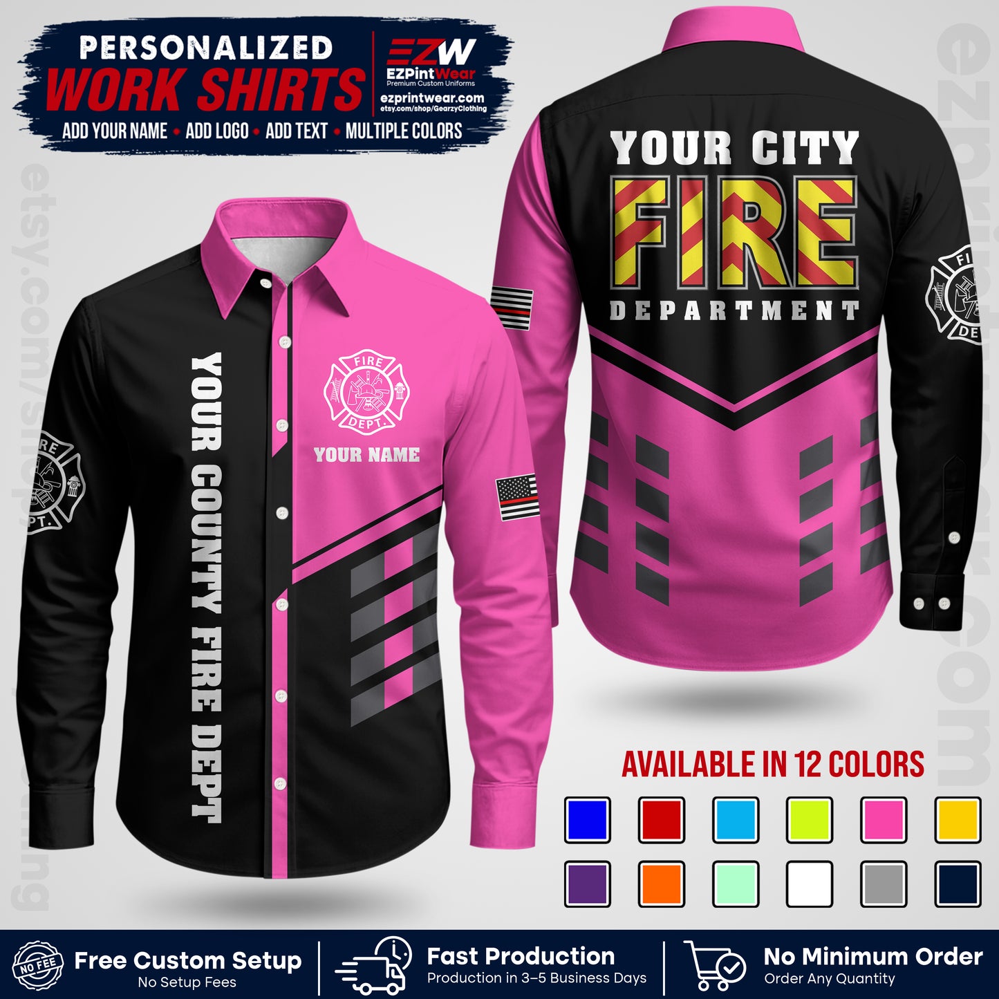 Custom Fire Department Shirt with Name, City Logo & Text | Firefighter Uniform | Button Up Work Shirt FF06