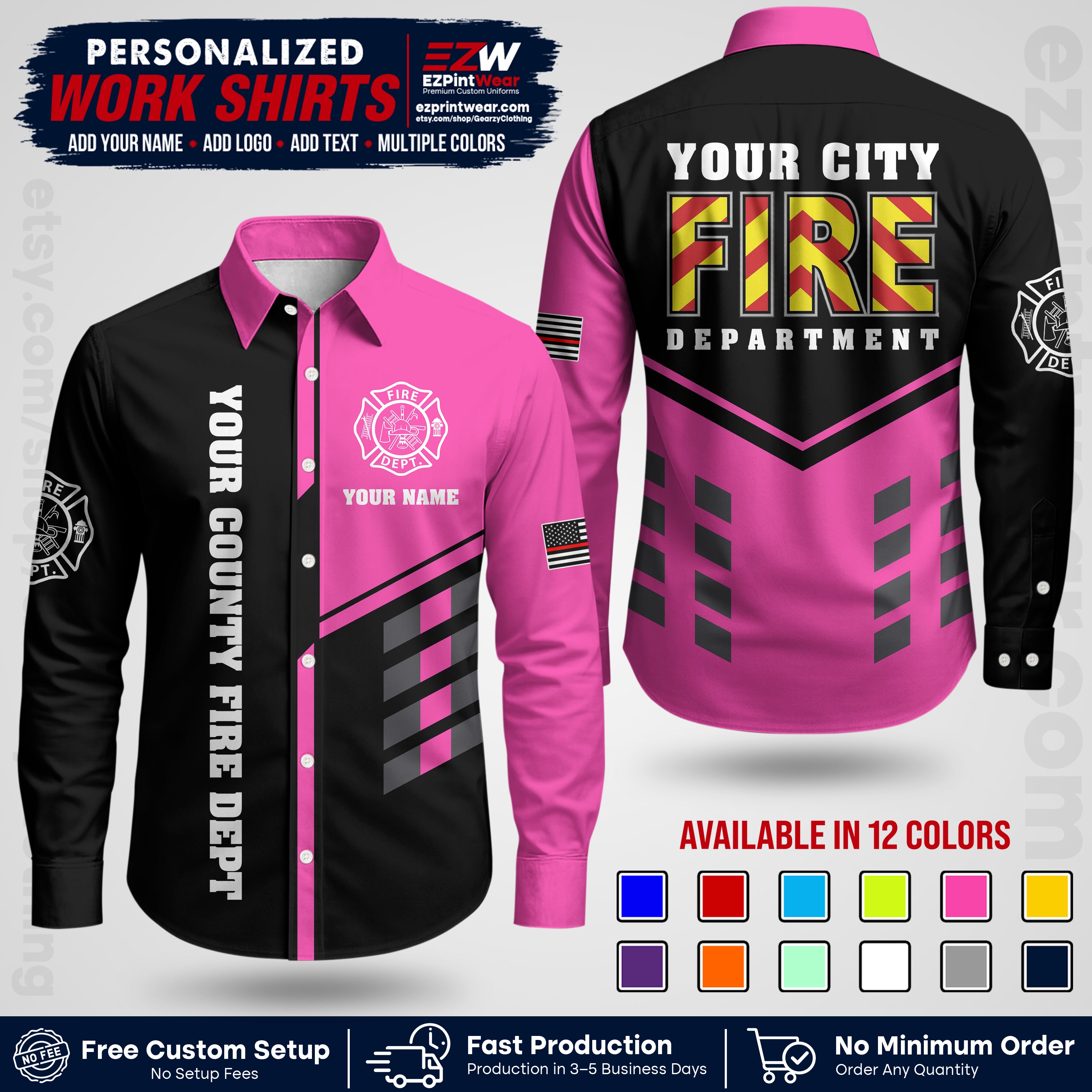 Custom Fire Department Shirt with Name, City Logo & Text | Firefighter Uniform | Button Up Work Shirt FF06