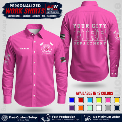 Custom Fire Department Shirt with Name, City Logo & Text | Firefighter Uniform | Button Up Work Shirt FF07