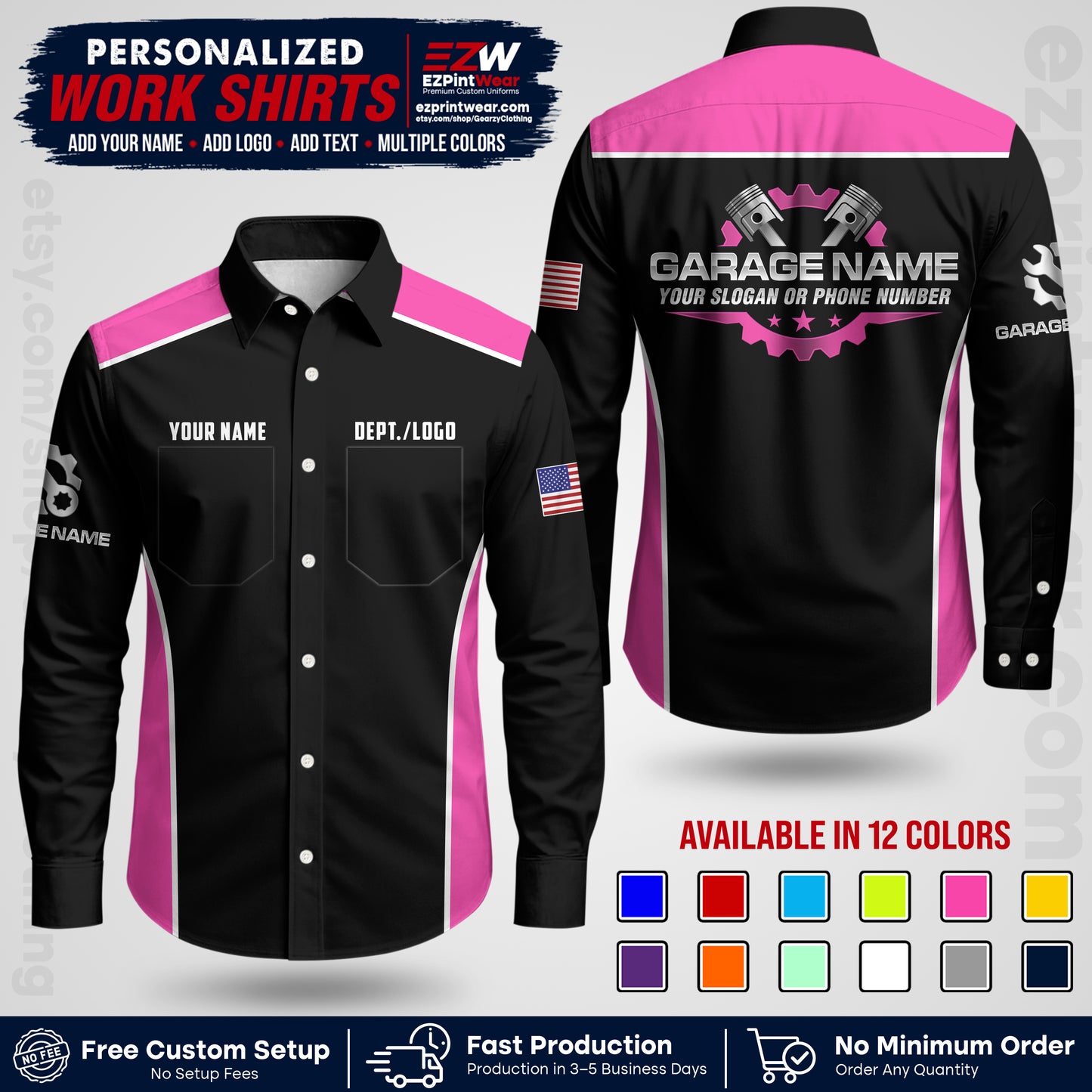 Custom Mechanic Work Shirt with Name, Logo & Text | Auto Shop Uniform | Workwear MCN 07