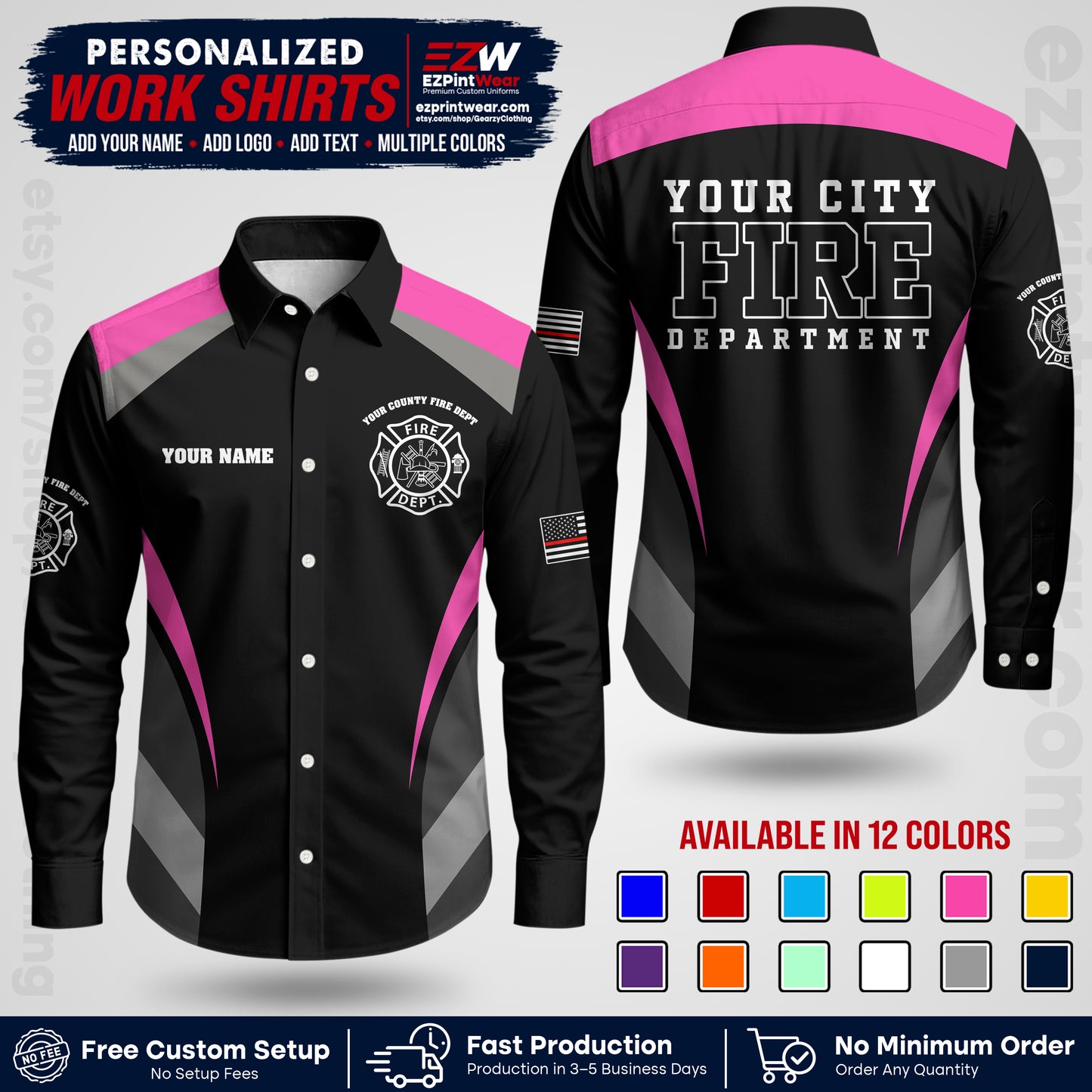 Custom Fire Department Shirt with Name, City Logo & Text | Firefighter Uniform | Button Up Work Shirt FF02